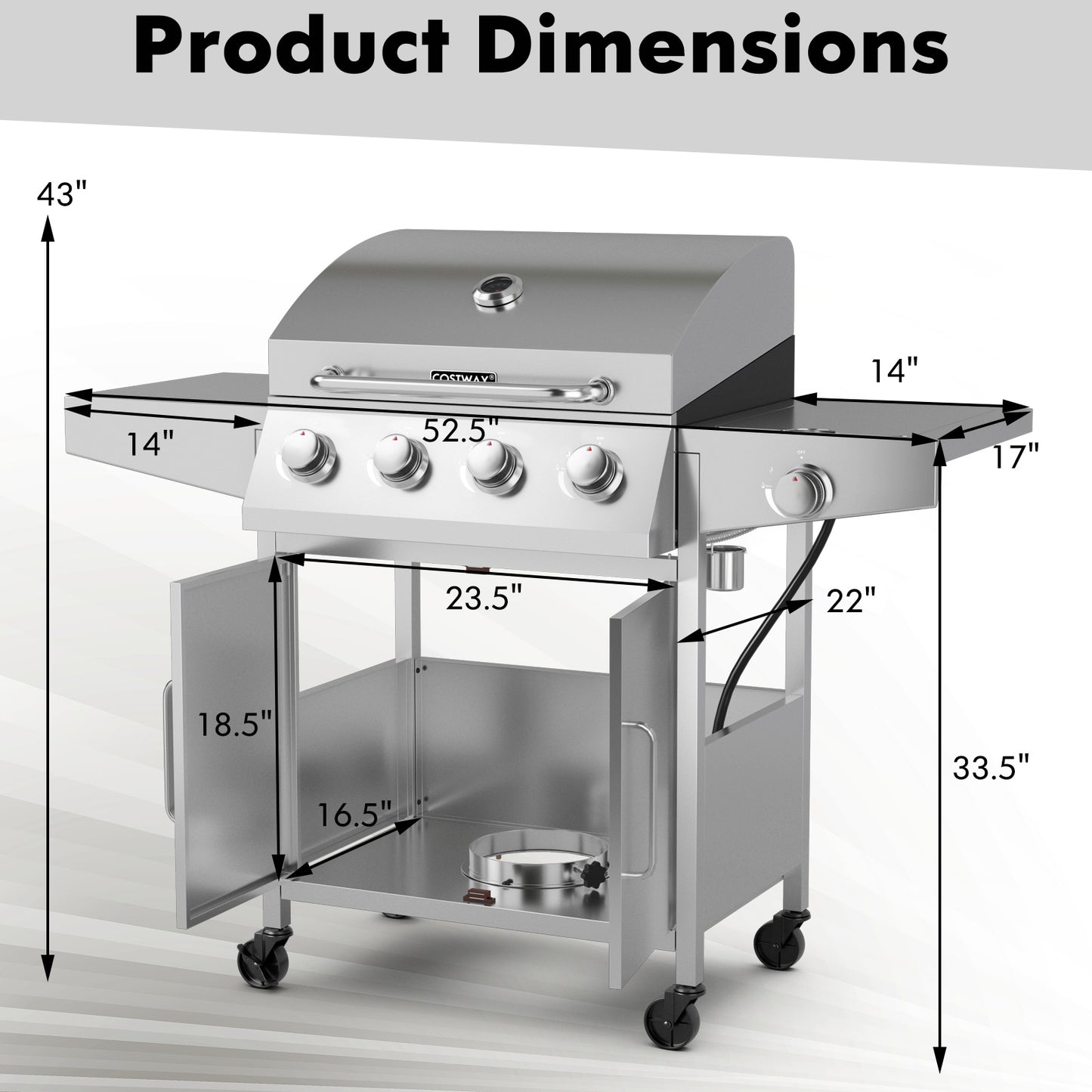 50000BTU 5-Burner Propane Gas Grill with Side Burner and 2 Prep Tables-Silver, fully assembled