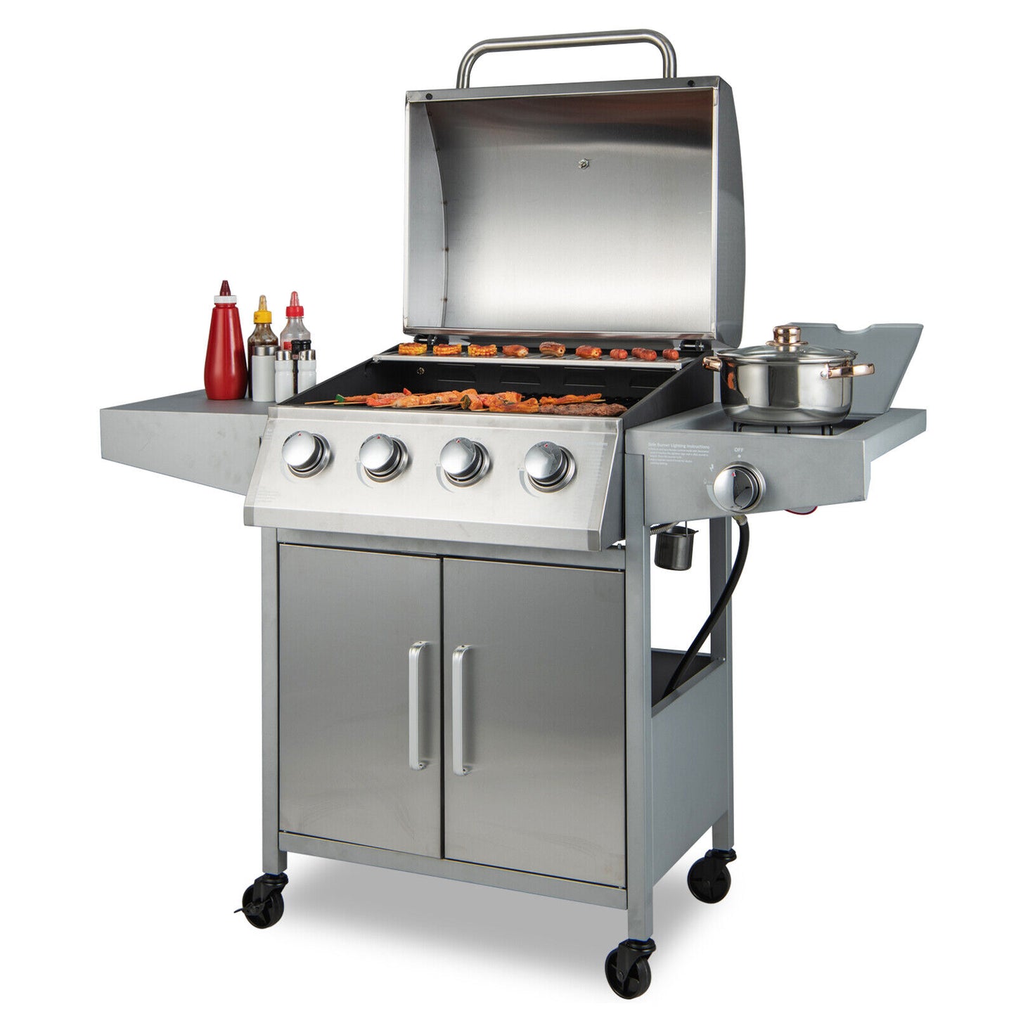 50000BTU 5-Burner Propane Gas Grill with Side Burner and 2 Prep Tables-Silver, fully assembled