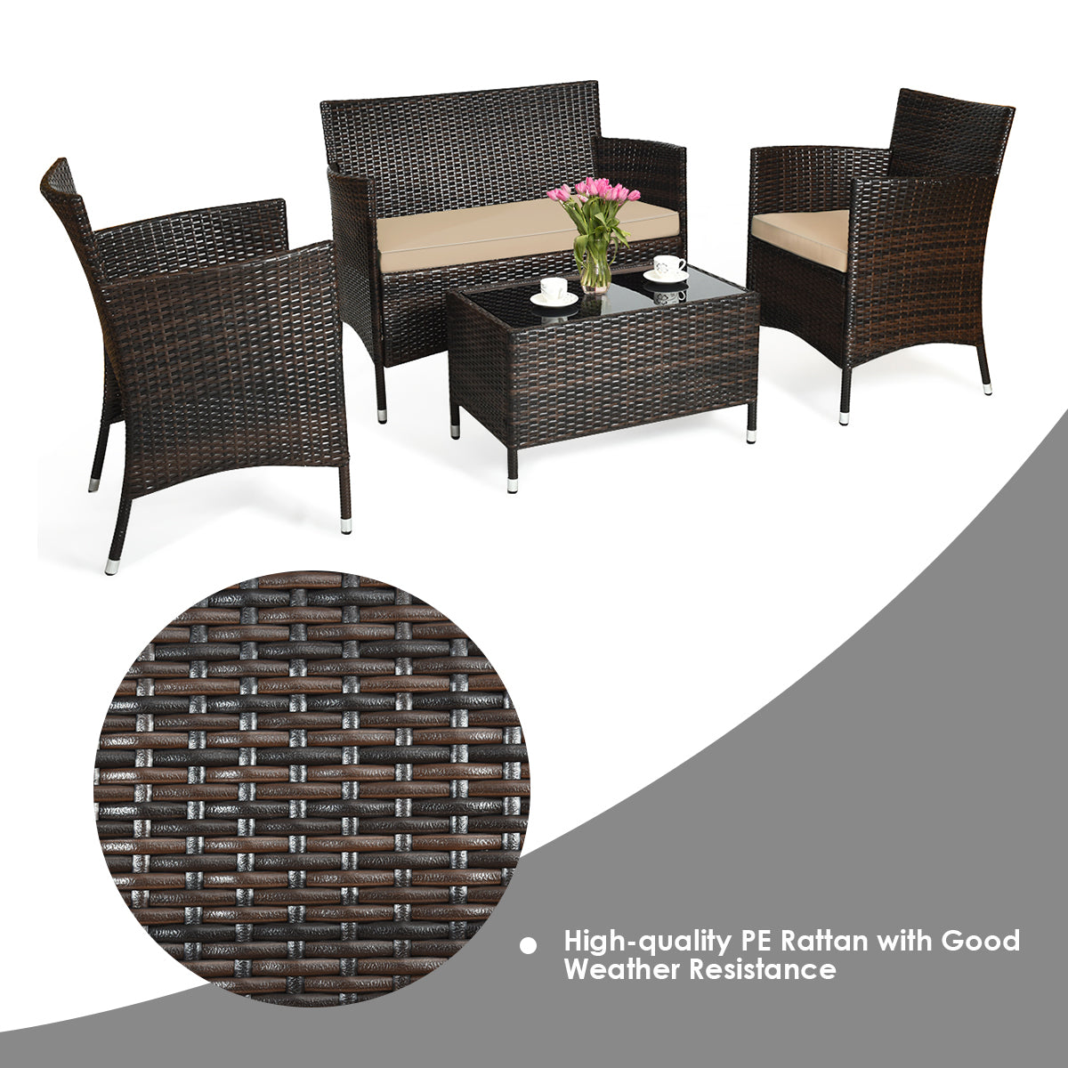 4 Pieces Outdoor Rattan Sofa Set with Glass Coffee Table-Light Brown- Assembled
