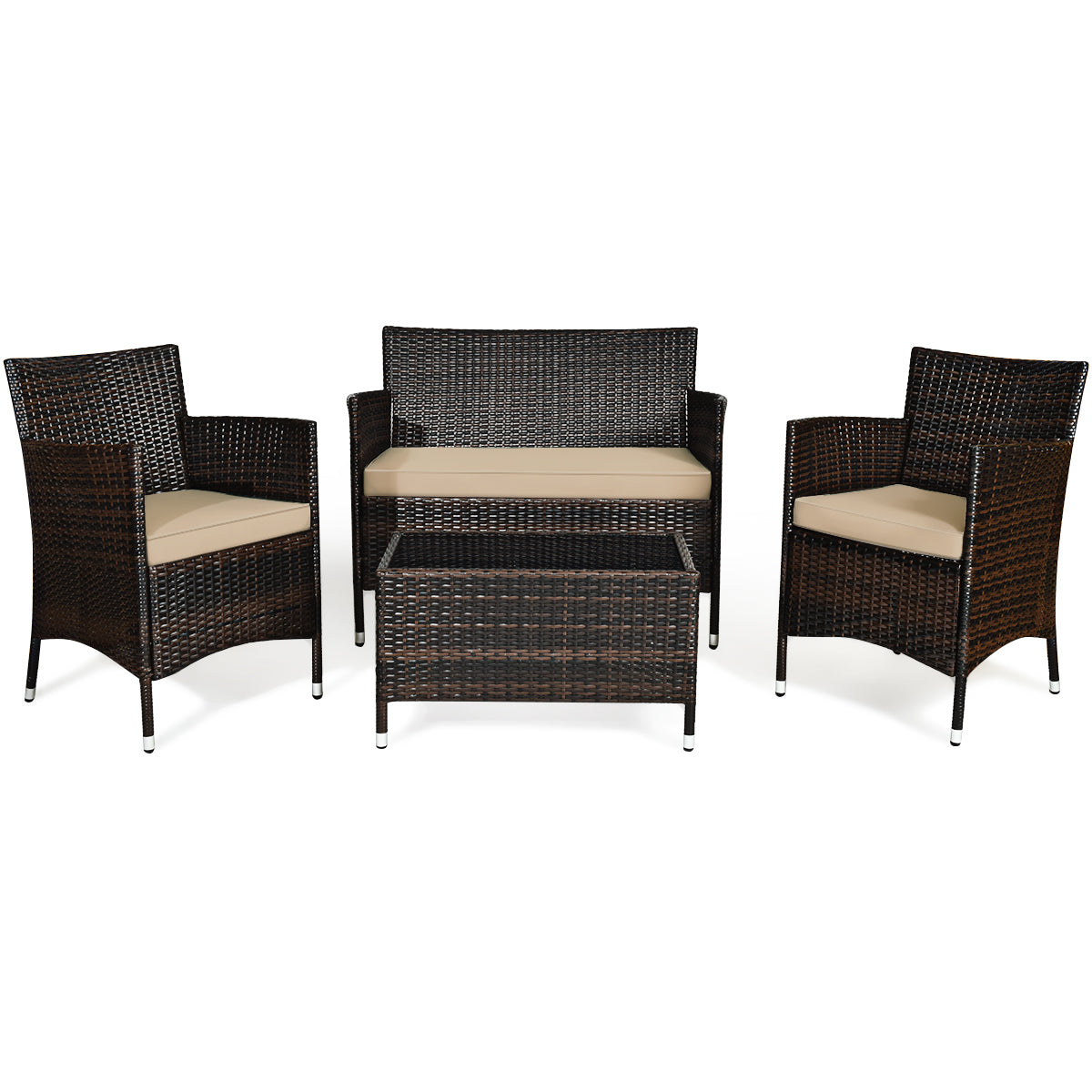 4 Pieces Comfortable Outdoor Rattan Sofa Set with Glass Coffee Table-Tan, (FULLY ASSEMBLED)