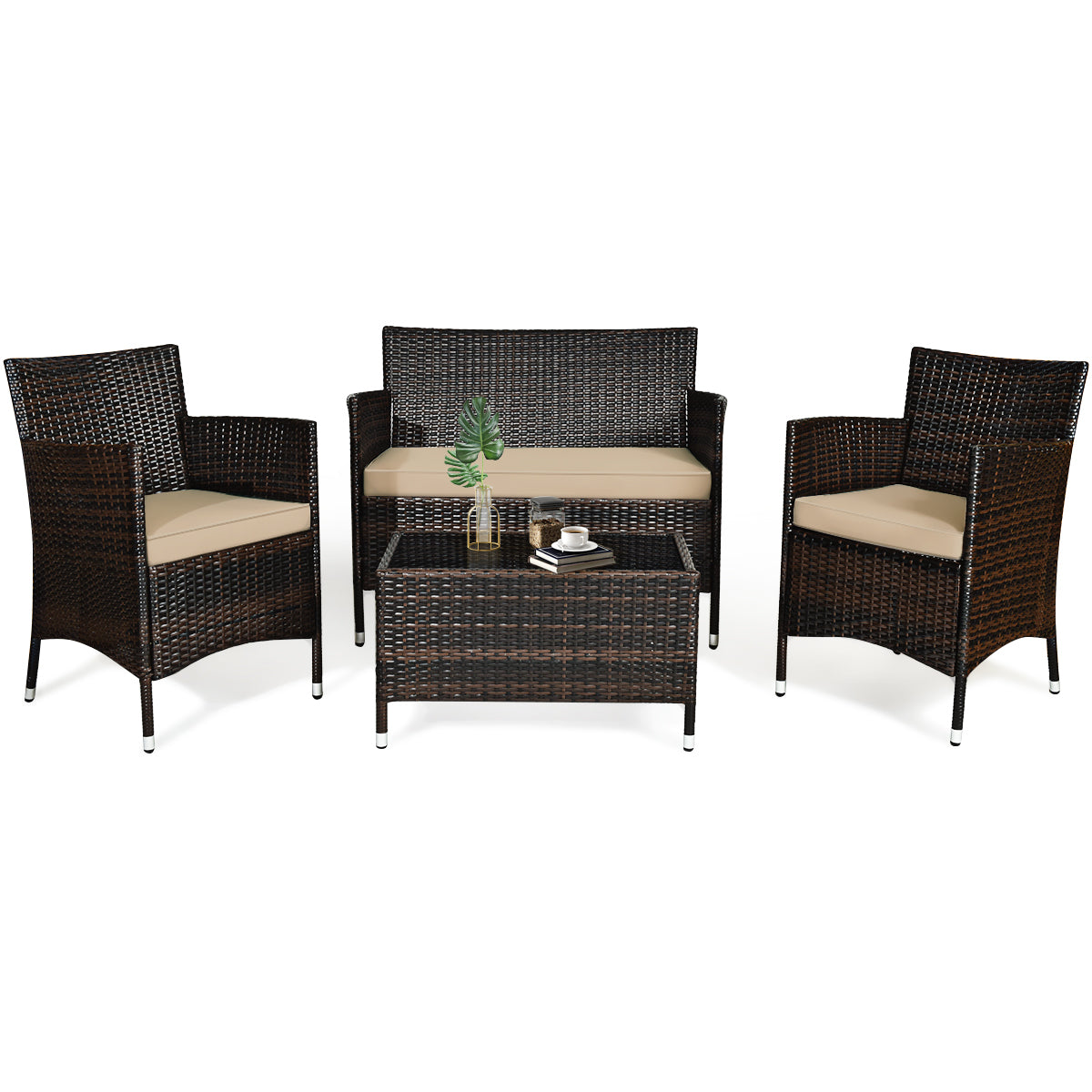 4 Pieces Outdoor Rattan Sofa Set with Glass Coffee Table-Light Brown- Assembled