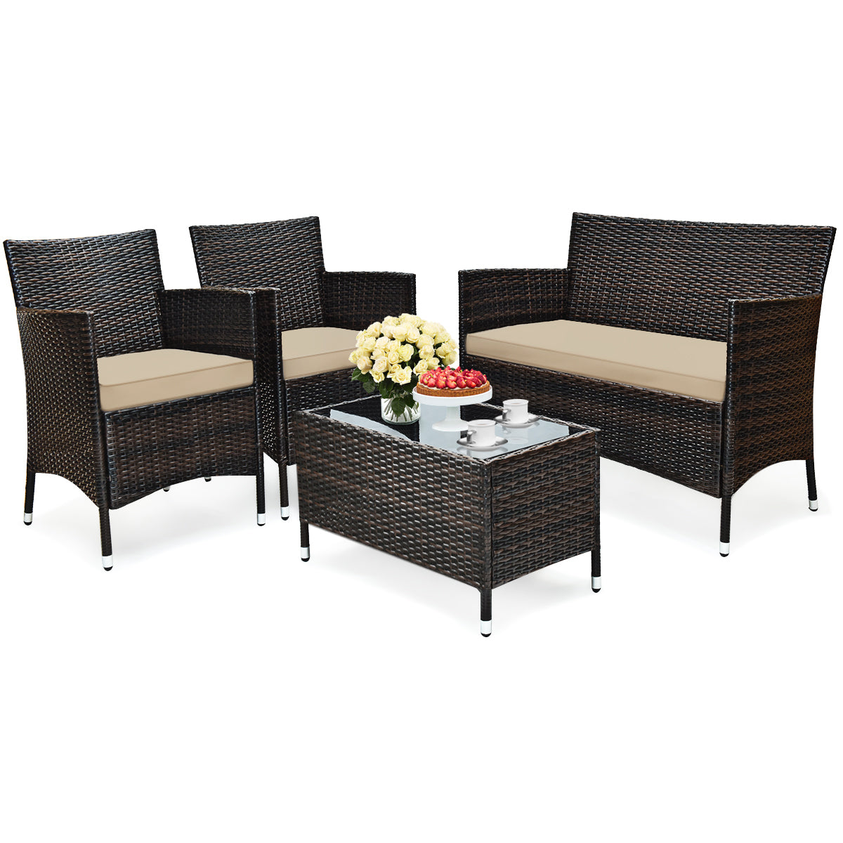 4 Pieces Outdoor Rattan Sofa Set with Glass Coffee Table-Light Brown- Assembled
