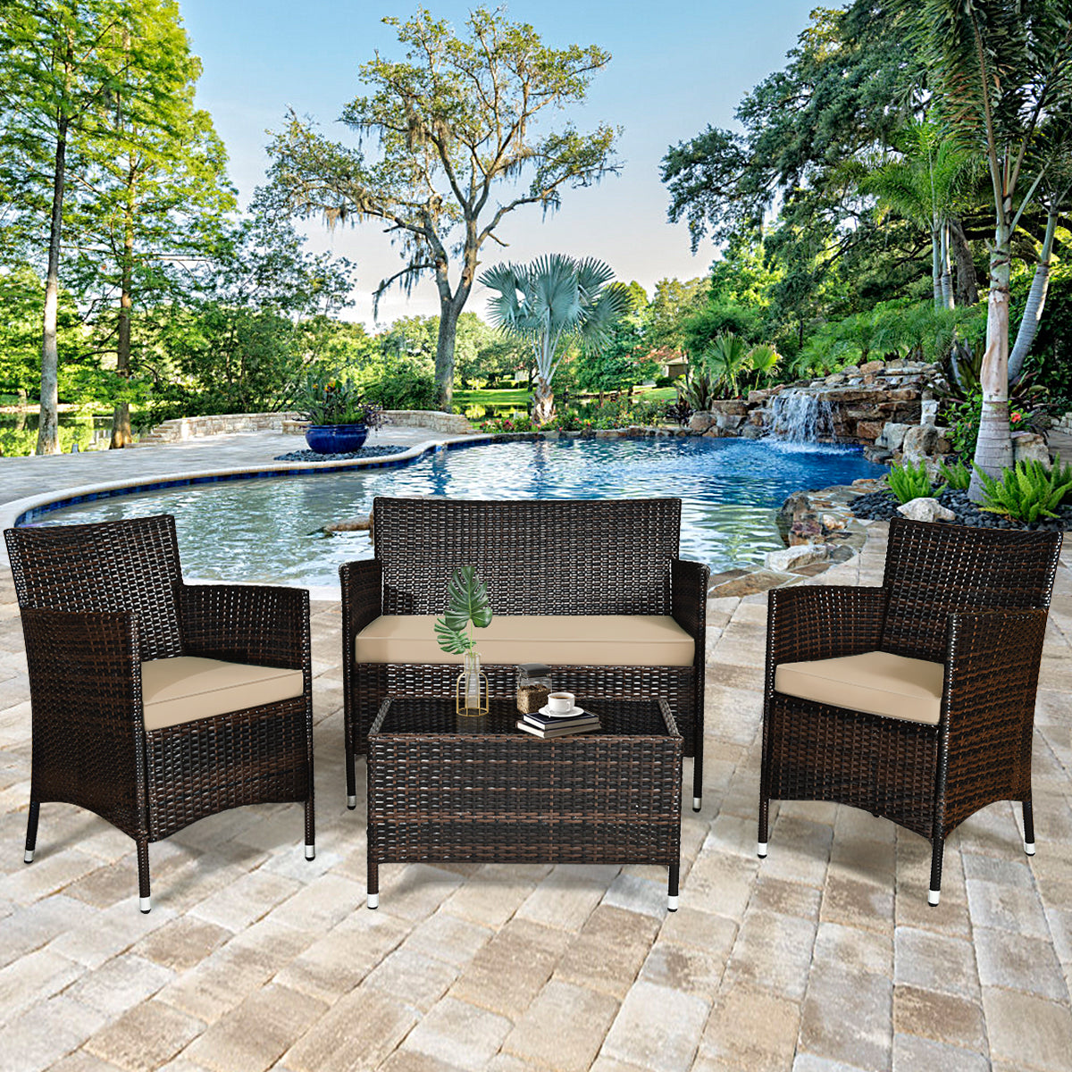 4 Pieces Comfortable Outdoor Rattan Sofa Set with Glass Coffee Table-Tan, (FULLY ASSEMBLED)