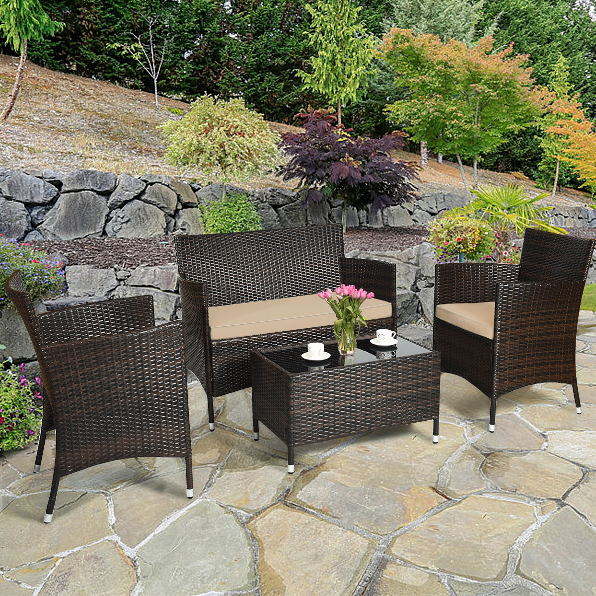 4 Pieces Comfortable Outdoor Rattan Sofa Set with Glass Coffee Table-Tan, (FULLY ASSEMBLED)