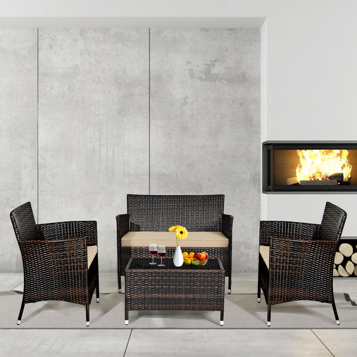 4 Pieces Comfortable Outdoor Rattan Sofa Set with Glass Coffee Table-Tan, (FULLY ASSEMBLED)