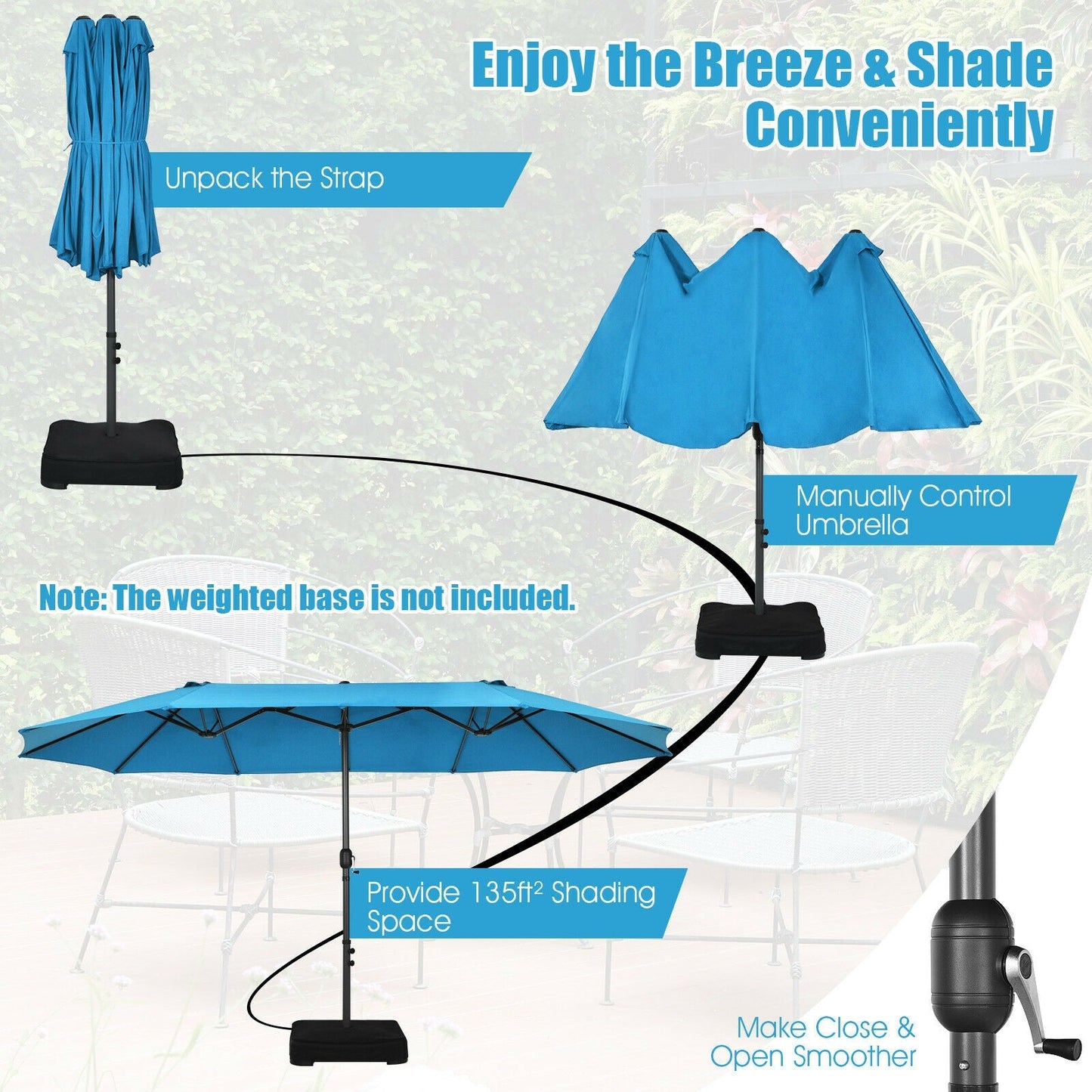 15 Feet Patio Double-Sided Umbrella -Blue, Customer return special, signs of use, Tested