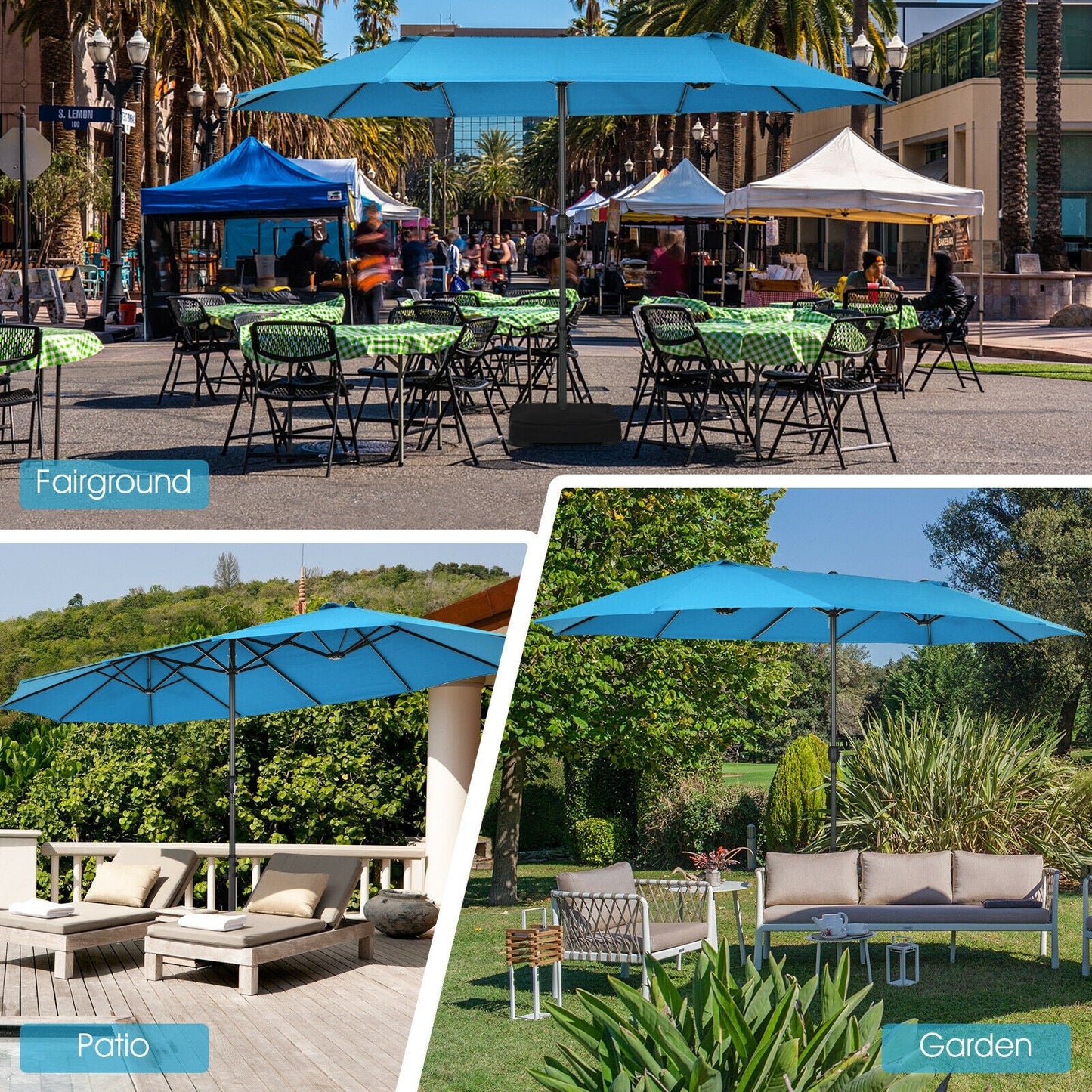 15 Feet Patio Double-Sided Umbrella -Blue, Customer return special, signs of use, Tested