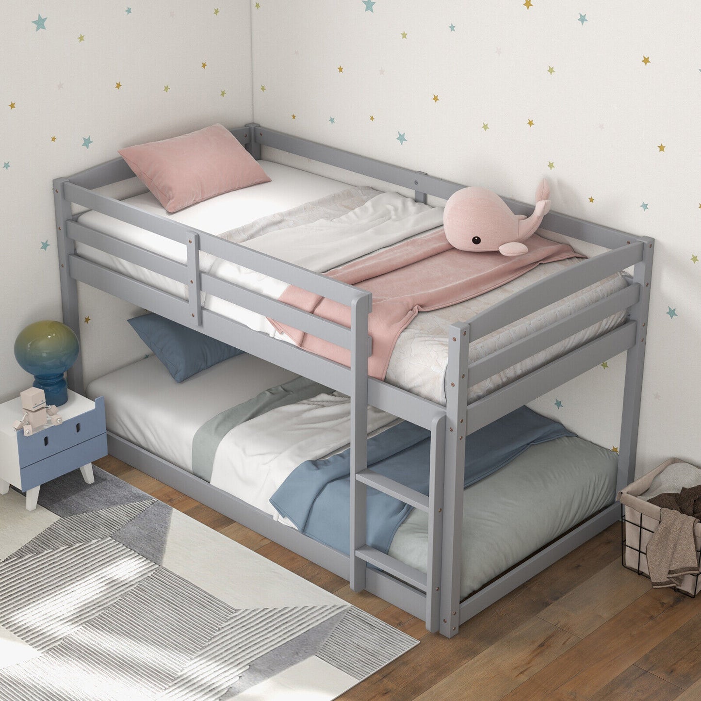 *SPECIAL* - Twin Size Bunk Bed with High Guardrails and Integrated Ladder-Gray