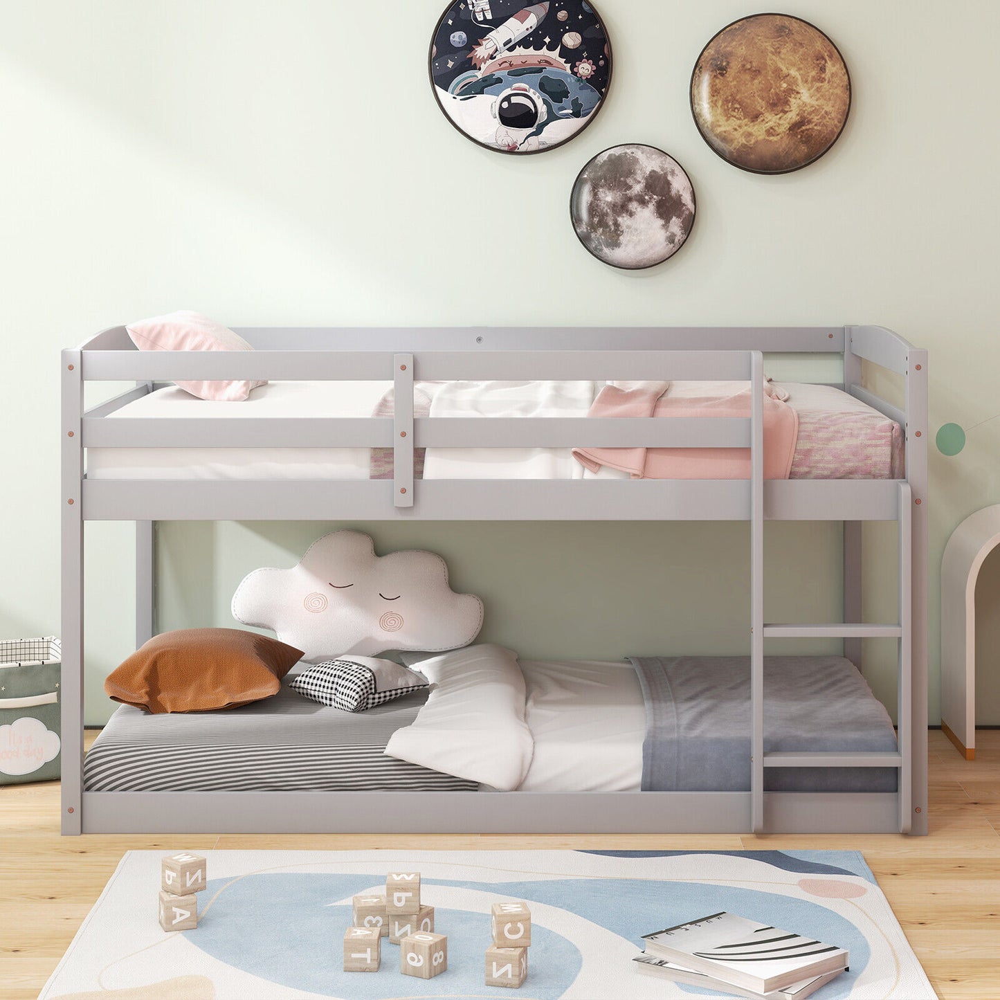 *SPECIAL* - Twin Size Bunk Bed with High Guardrails and Integrated Ladder-Gray