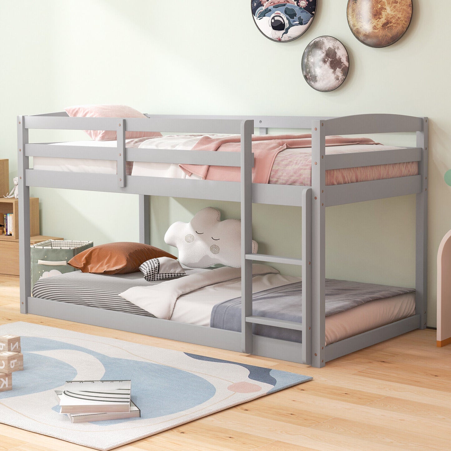 *SPECIAL* - Twin Size Bunk Bed with High Guardrails and Integrated Ladder-Gray