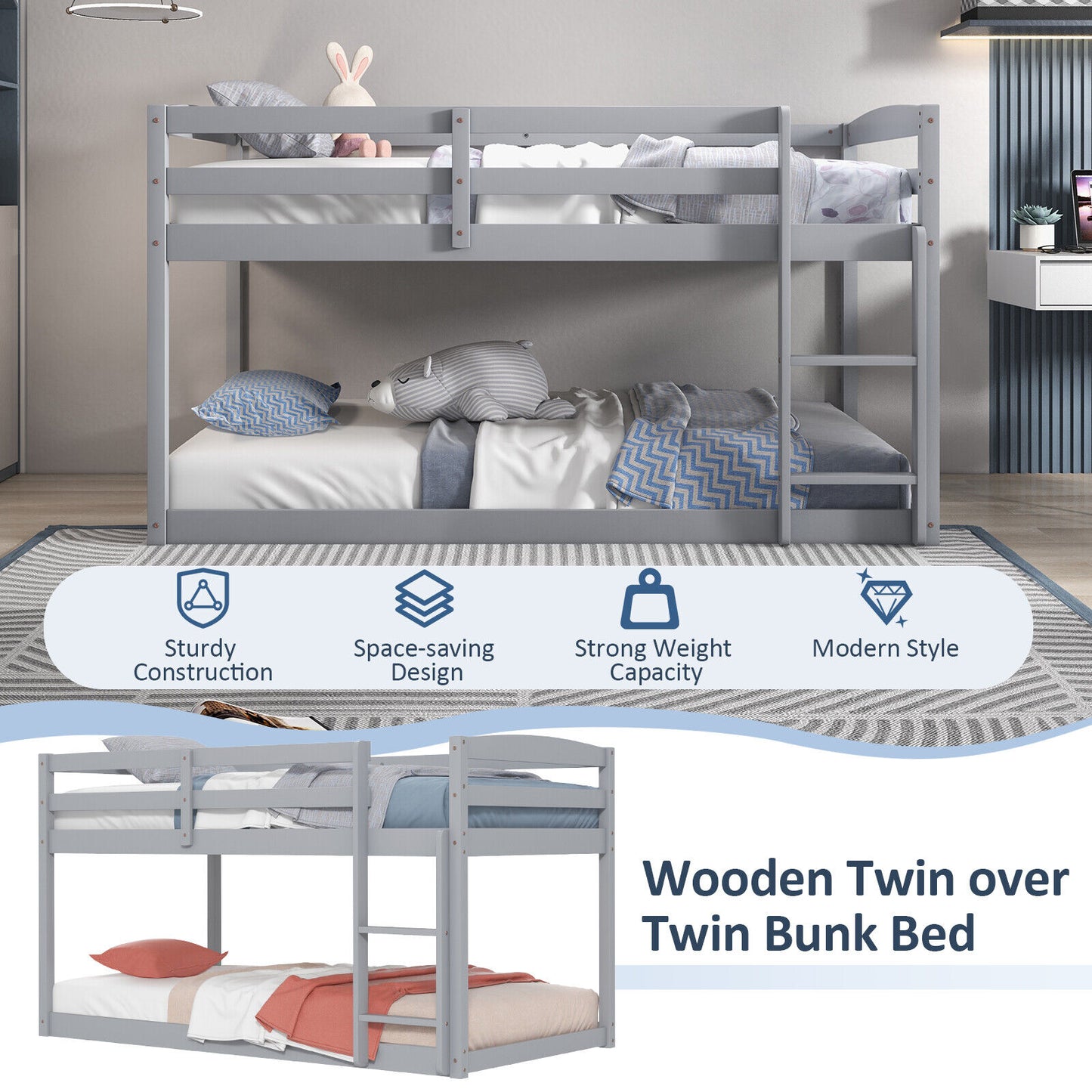 *SPECIAL* - Twin Size Bunk Bed with High Guardrails and Integrated Ladder-Gray