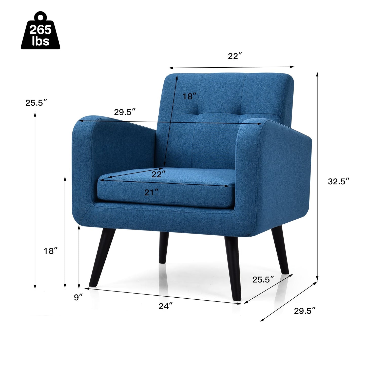 Modern Upholstered Comfy Accent Chair Single Sofa with Rubber Wood Legs-Blue