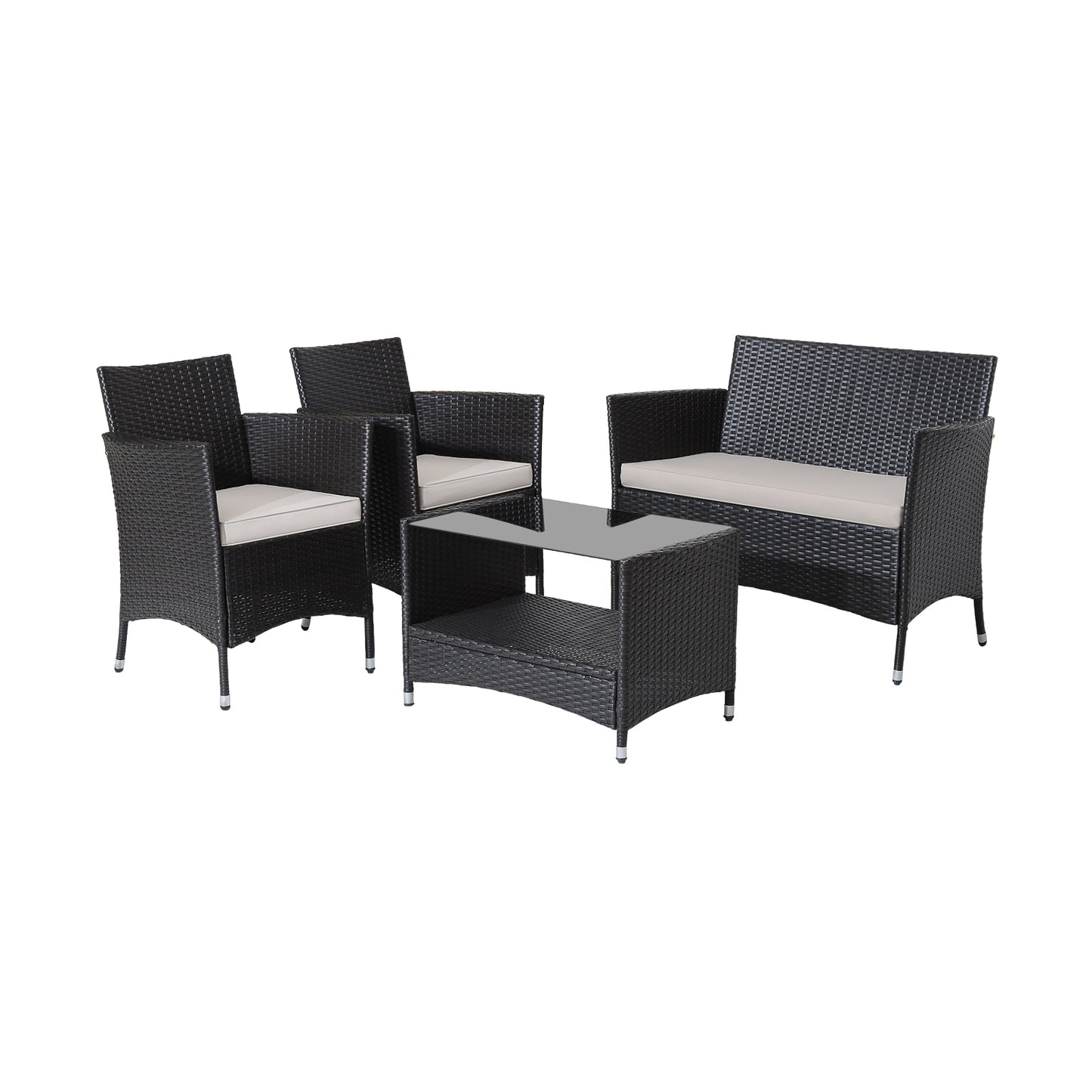 4 Pieces Patio  Set with Soft Cushions and Tempered Glass Tabletop - Lt Brown (1 Box, Unassembled)