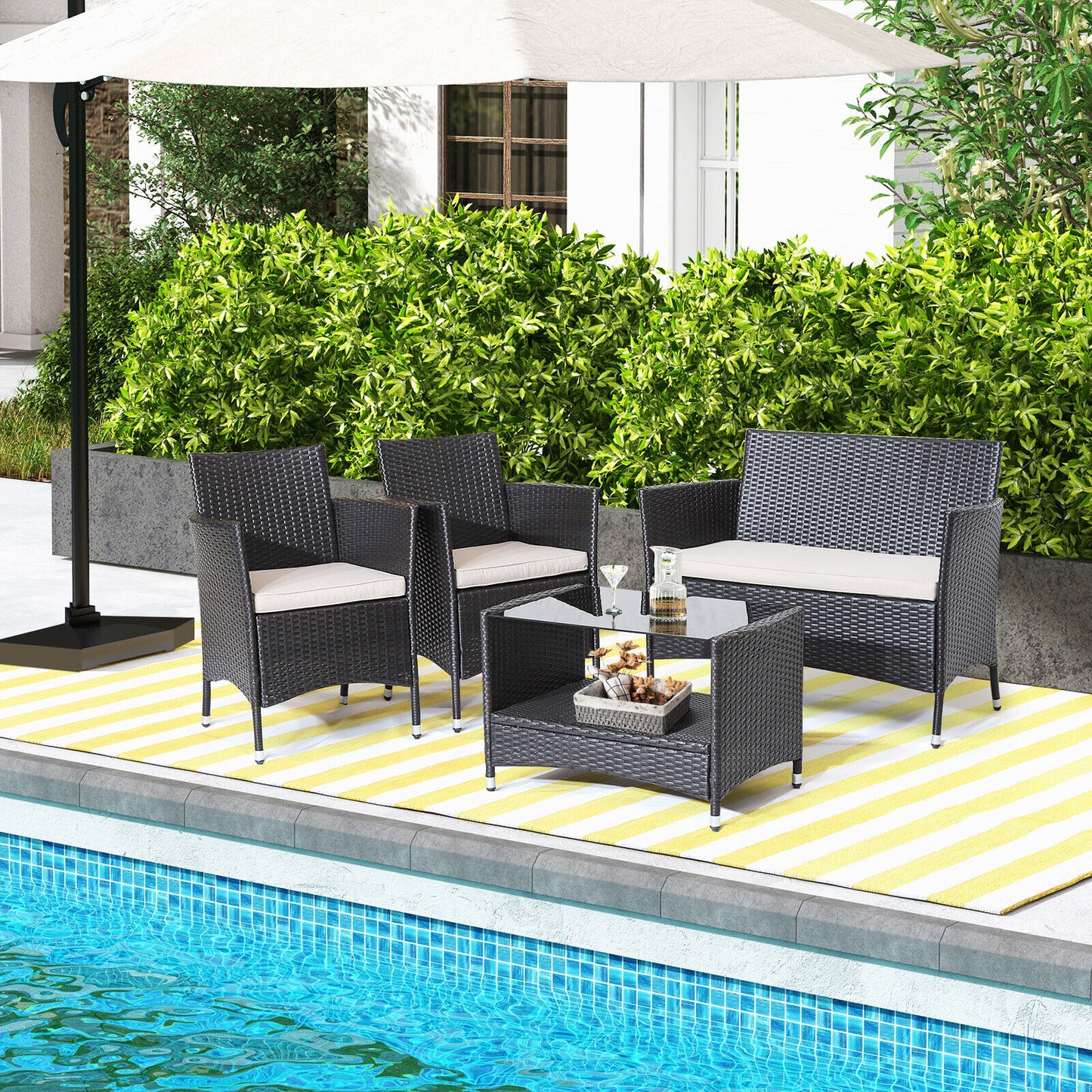 4 Pieces Patio  Set with Soft Cushions and Tempered Glass Tabletop - Lt Brown (1 Box, Unassembled)