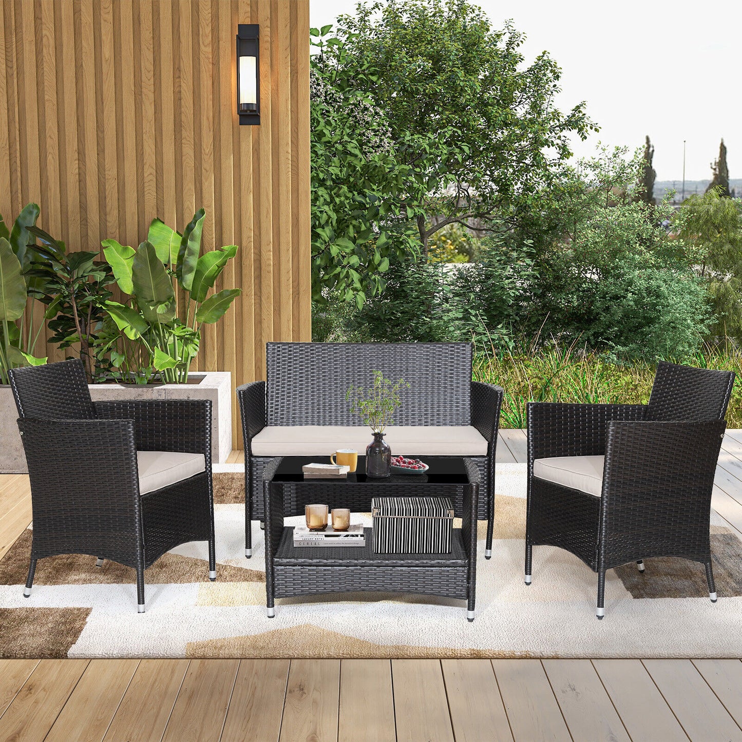 4 Pieces Patio  Set with Soft Cushions and Tempered Glass Tabletop - Lt Brown (1 Box, Unassembled)
