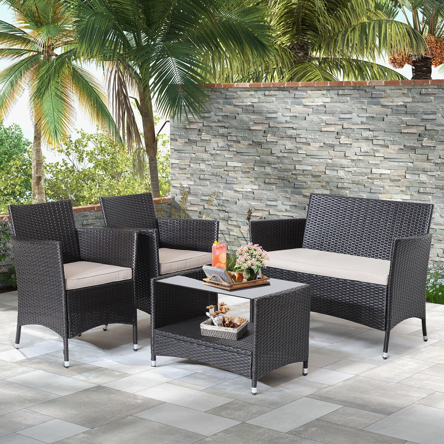 4 Pieces Patio  Set with Soft Cushions and Tempered Glass Tabletop - Lt Brown (1 Box, Unassembled)