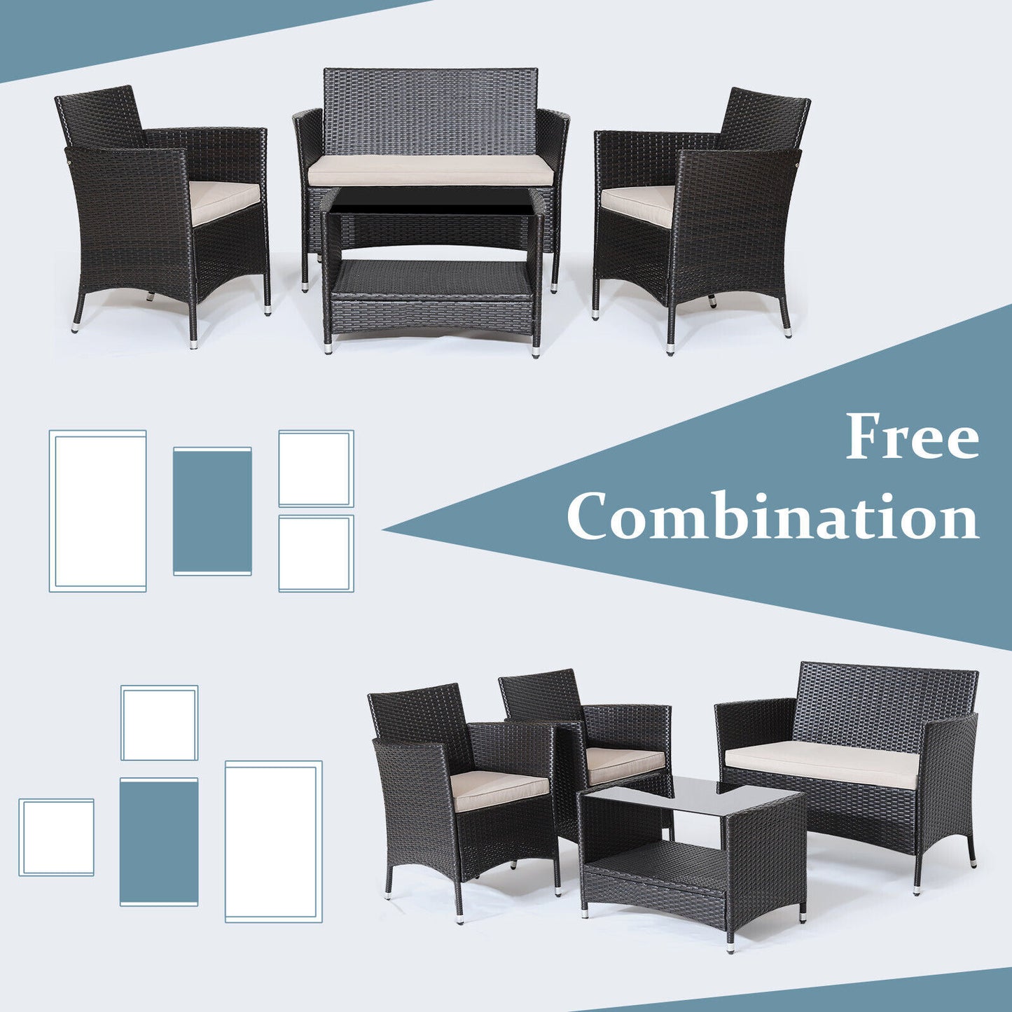4 Pieces Patio  Set with Soft Cushions and Tempered Glass Tabletop - Lt Brown (1 Box, Unassembled)