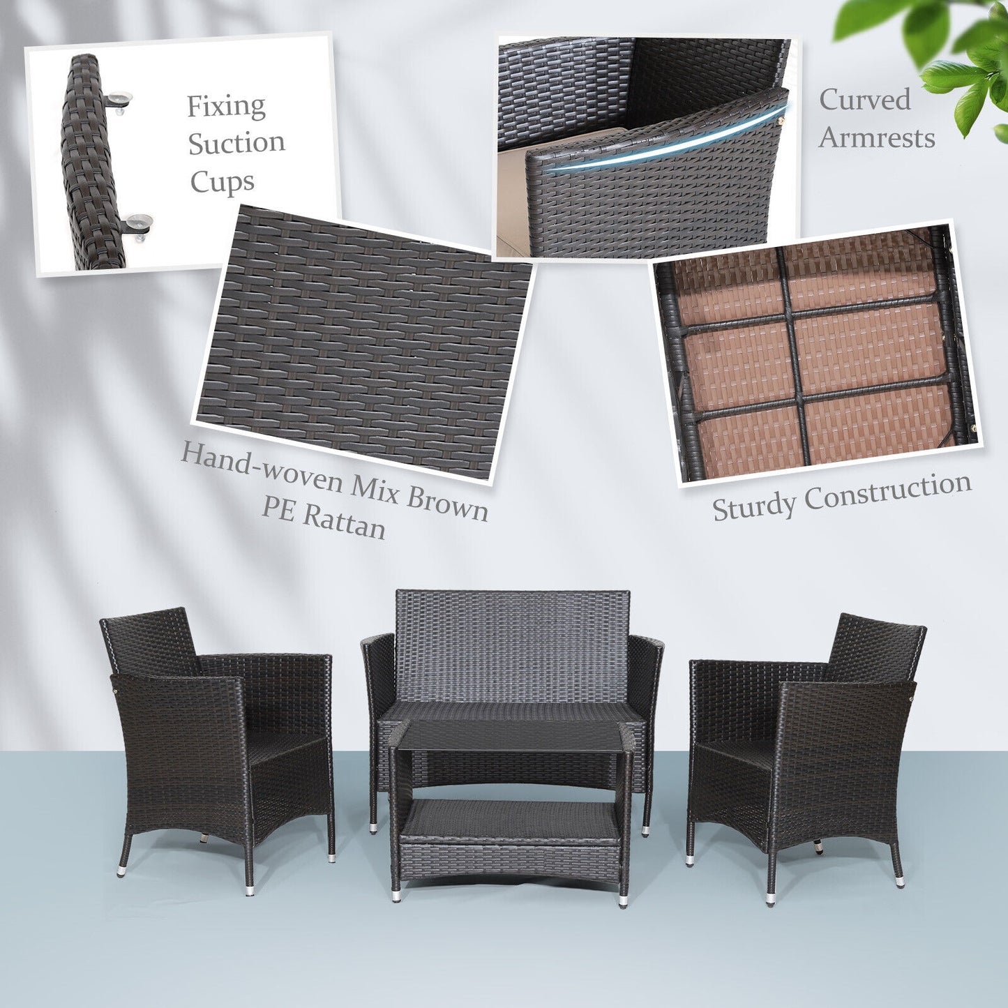 4 Pieces Patio  Set with Soft Cushions and Tempered Glass Tabletop - Lt Brown (1 Box, Unassembled)