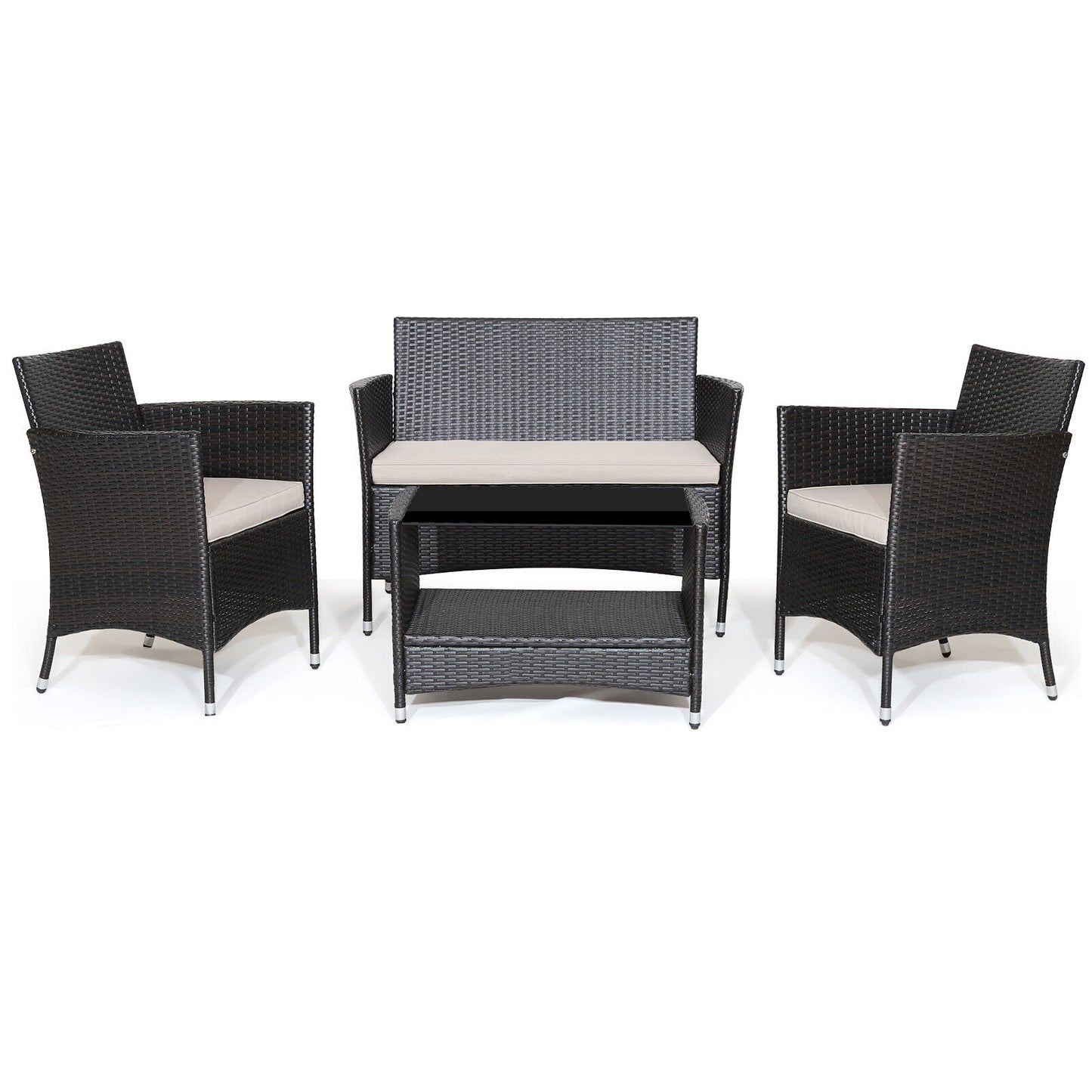 4 Pieces Patio  Set with Soft Cushions and Tempered Glass Tabletop - Lt Brown (1 Box, Unassembled)