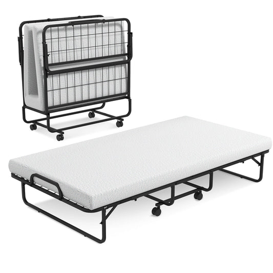 Twin Size Metal Folding Bed with Memory Foam Mattress (Assembled)