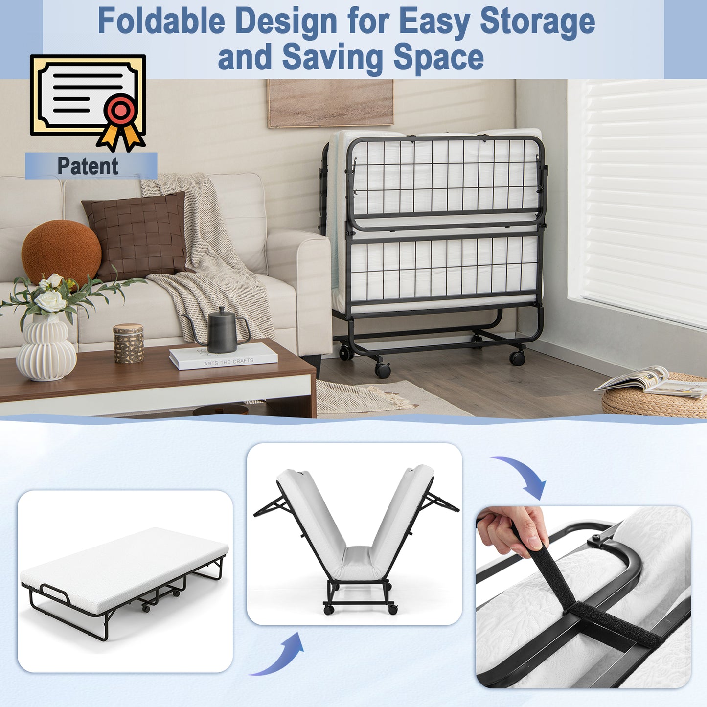 Twin Size Metal Folding Bed with Memory Foam Mattress (Assembled)