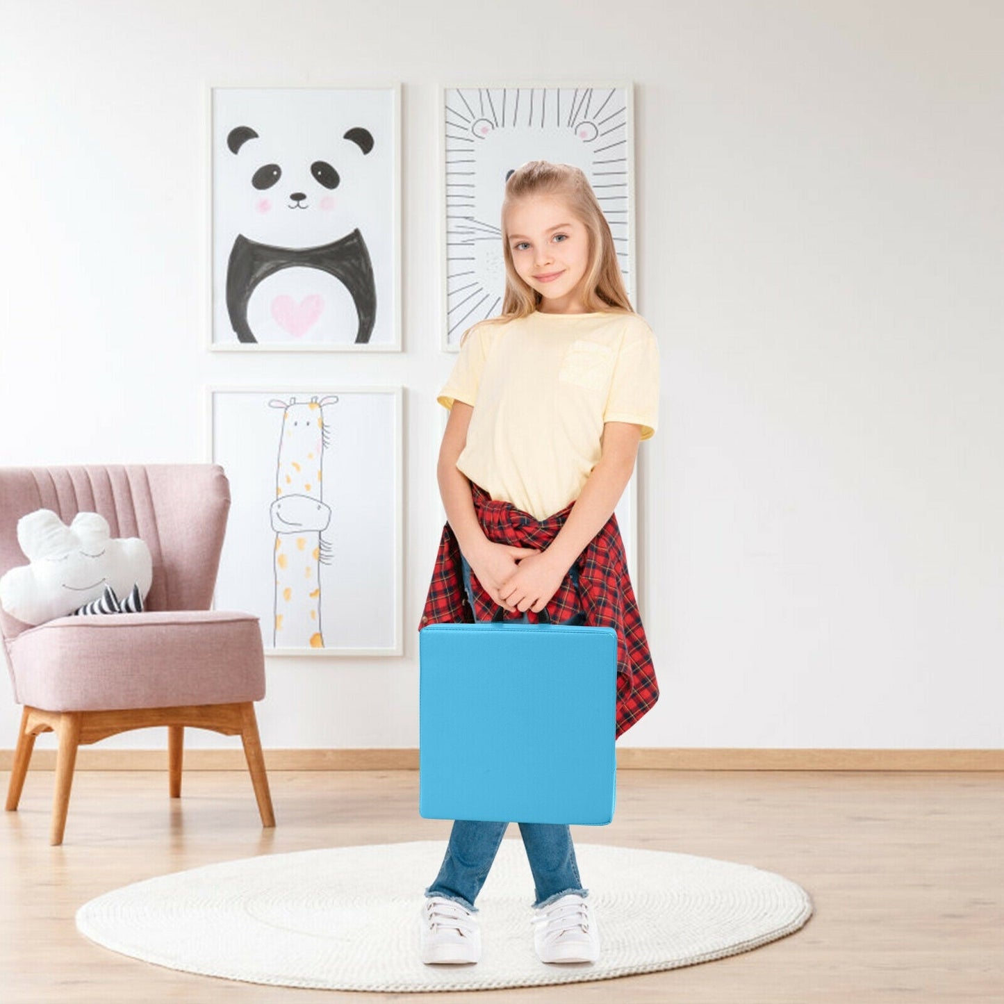 6 Pieces 15 Inches Square Toddler Floor Cushions Flexible Soft Foam Seating with Handles-Blue/Green/Grey