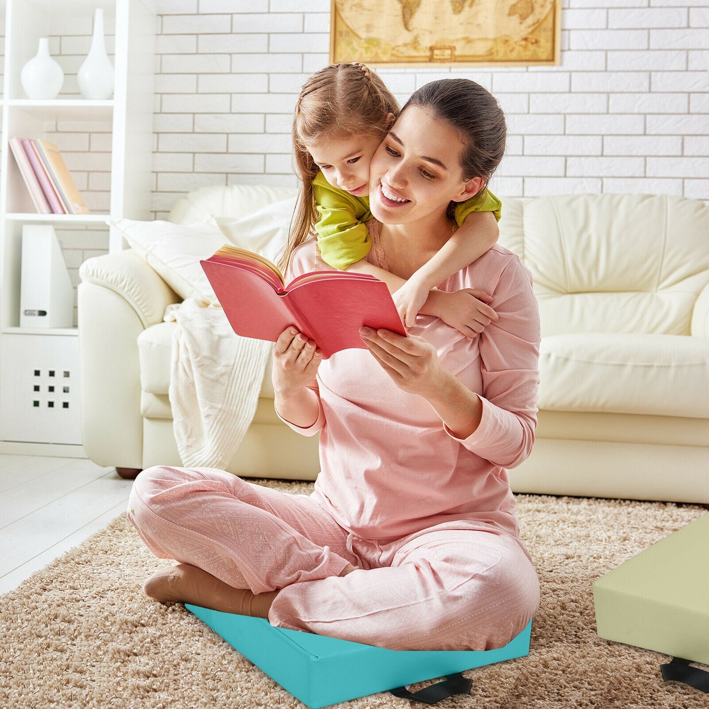 6 Pieces 15 Inches Square Toddler Floor Cushions Flexible Soft Foam Seating with Handles-Blue/Green/Grey