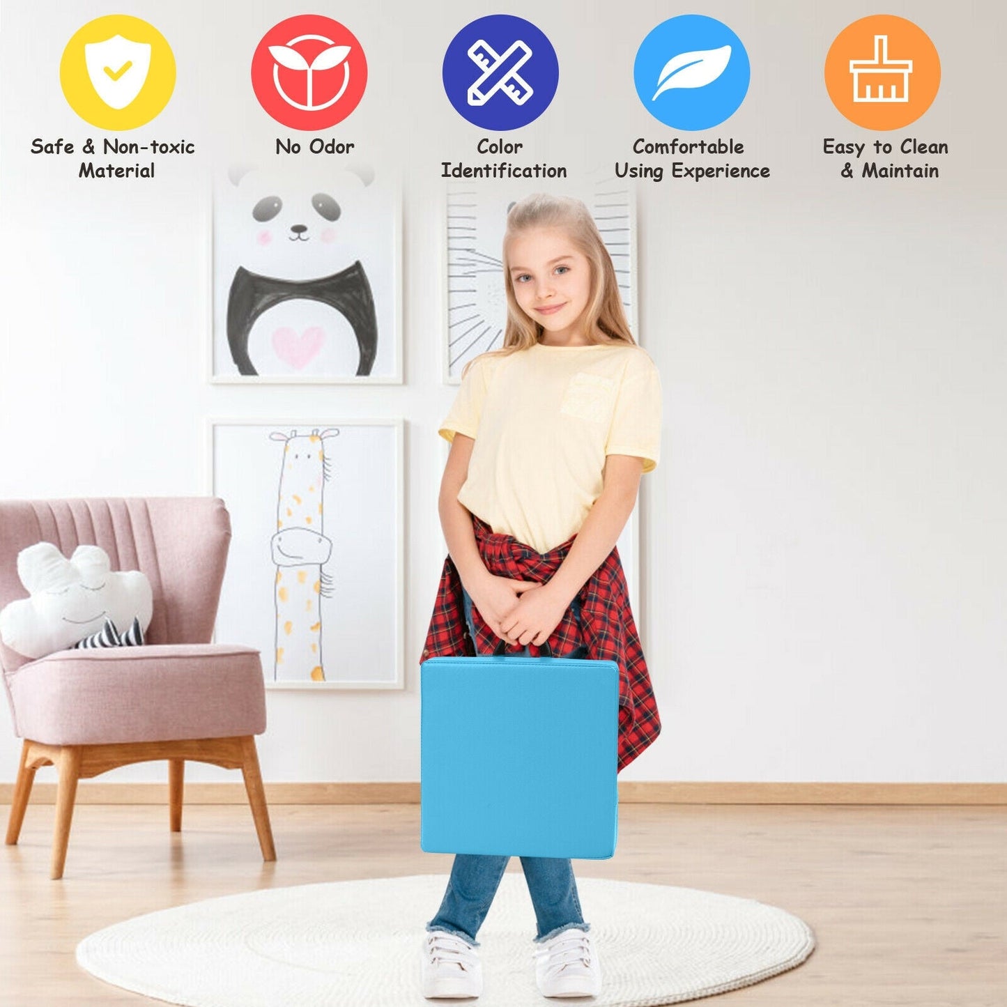 6 Pieces 15 Inches Square Toddler Floor Cushions Flexible Soft Foam Seating with Handles-Blue/Green/Grey