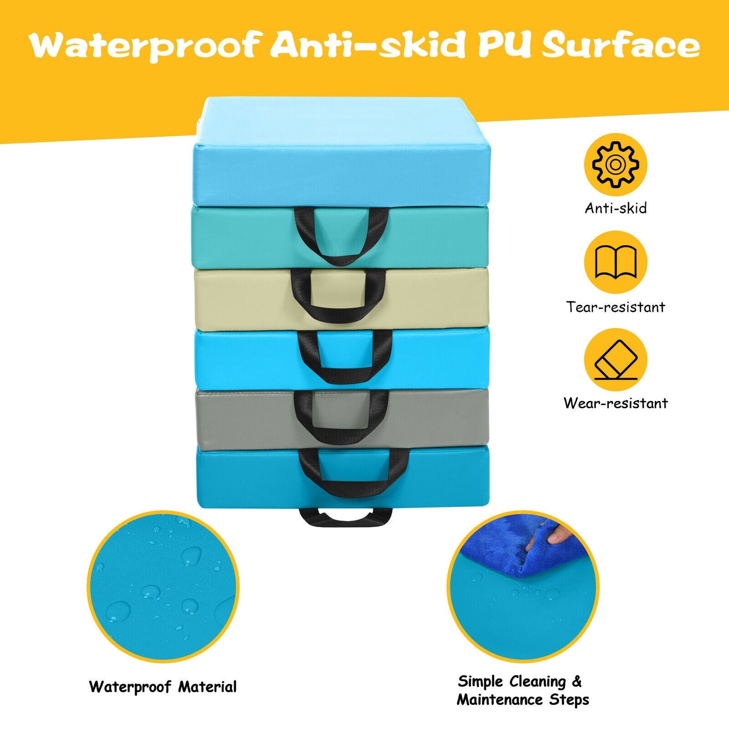 6 Pieces 15 Inches Square Toddler Floor Cushions Flexible Soft Foam Seating with Handles-Blue/Green/Grey