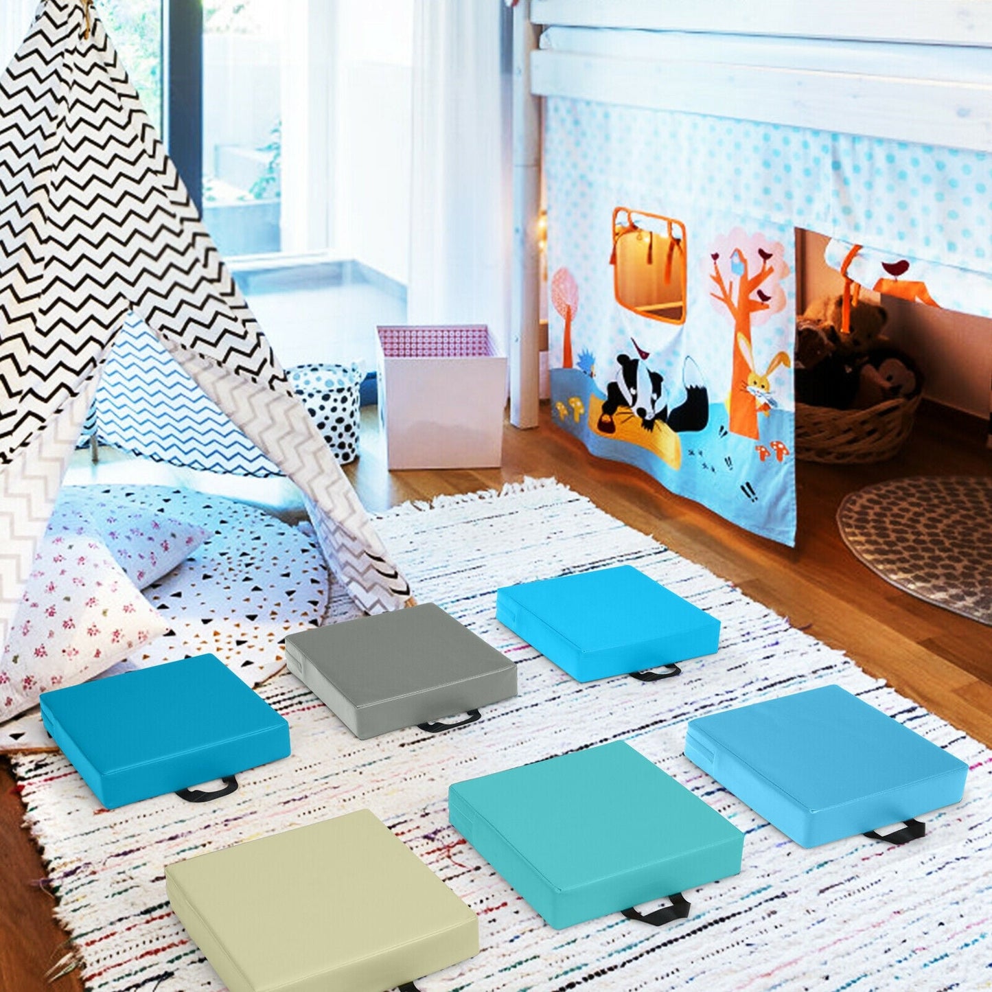 6 Pieces 15 Inches Square Toddler Floor Cushions Flexible Soft Foam Seating with Handles-Blue/Green/Grey