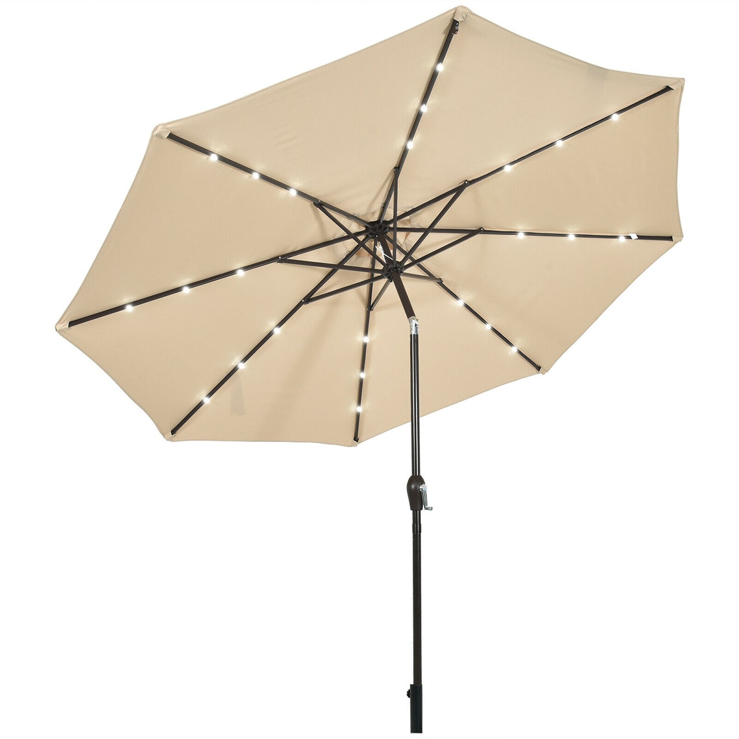 10' Solar LED Lighted Patio Market Umbrella Shade Tilt Adjustment Crank- Tan