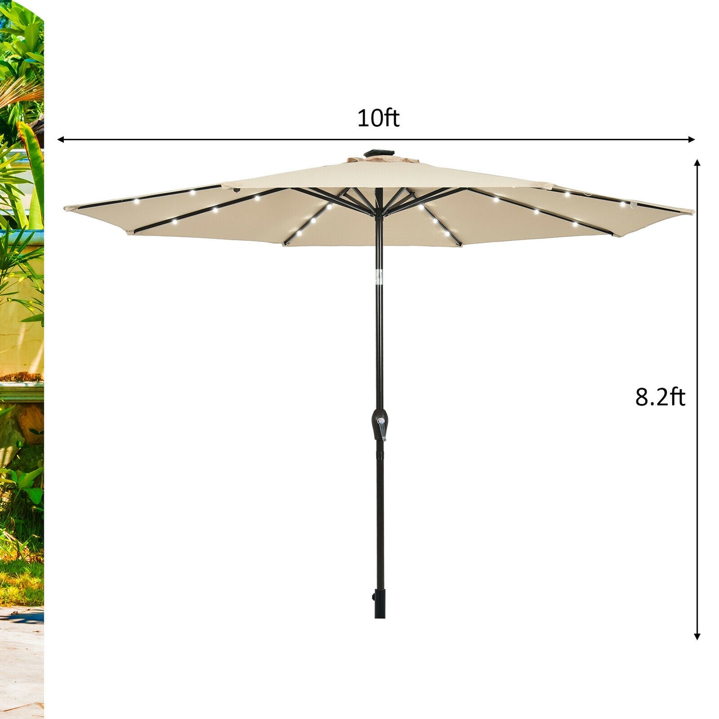 10' Solar LED Lighted Patio Market Umbrella Shade Tilt Adjustment Crank- Tan