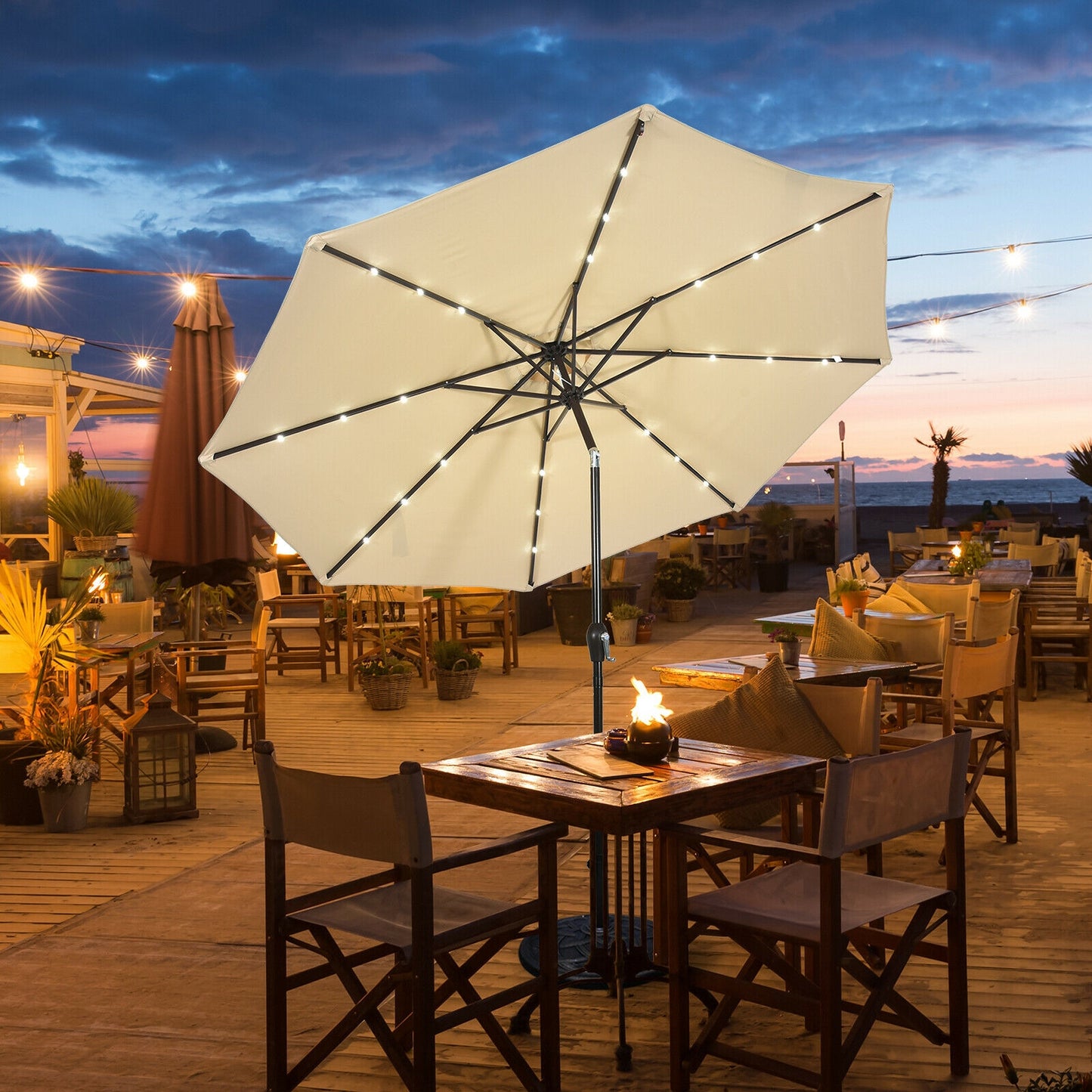 10' Solar LED Lighted Patio Market Umbrella Shade Tilt Adjustment Crank- Tan