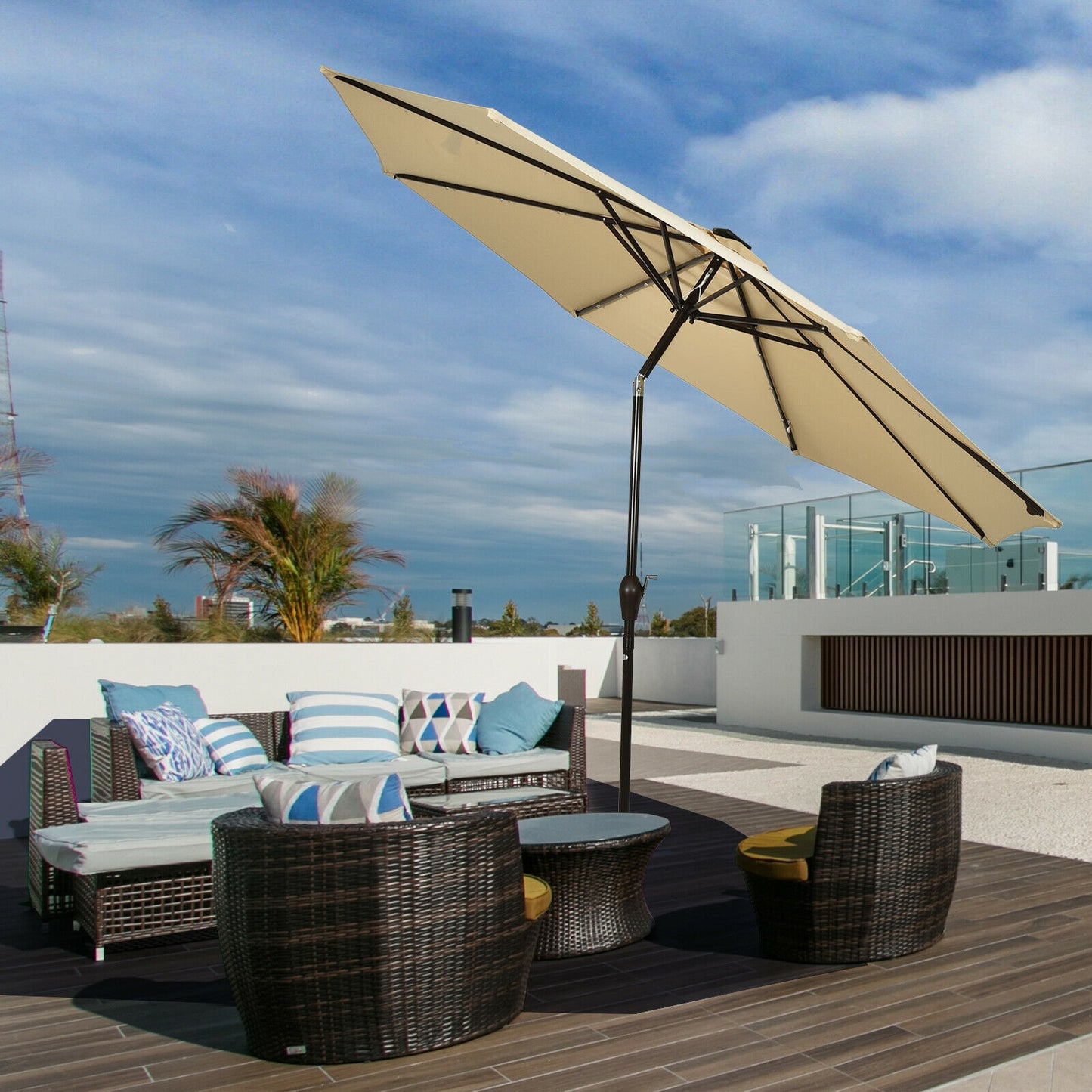 10' Solar LED Lighted Patio Market Umbrella Shade Tilt Adjustment Crank- Tan