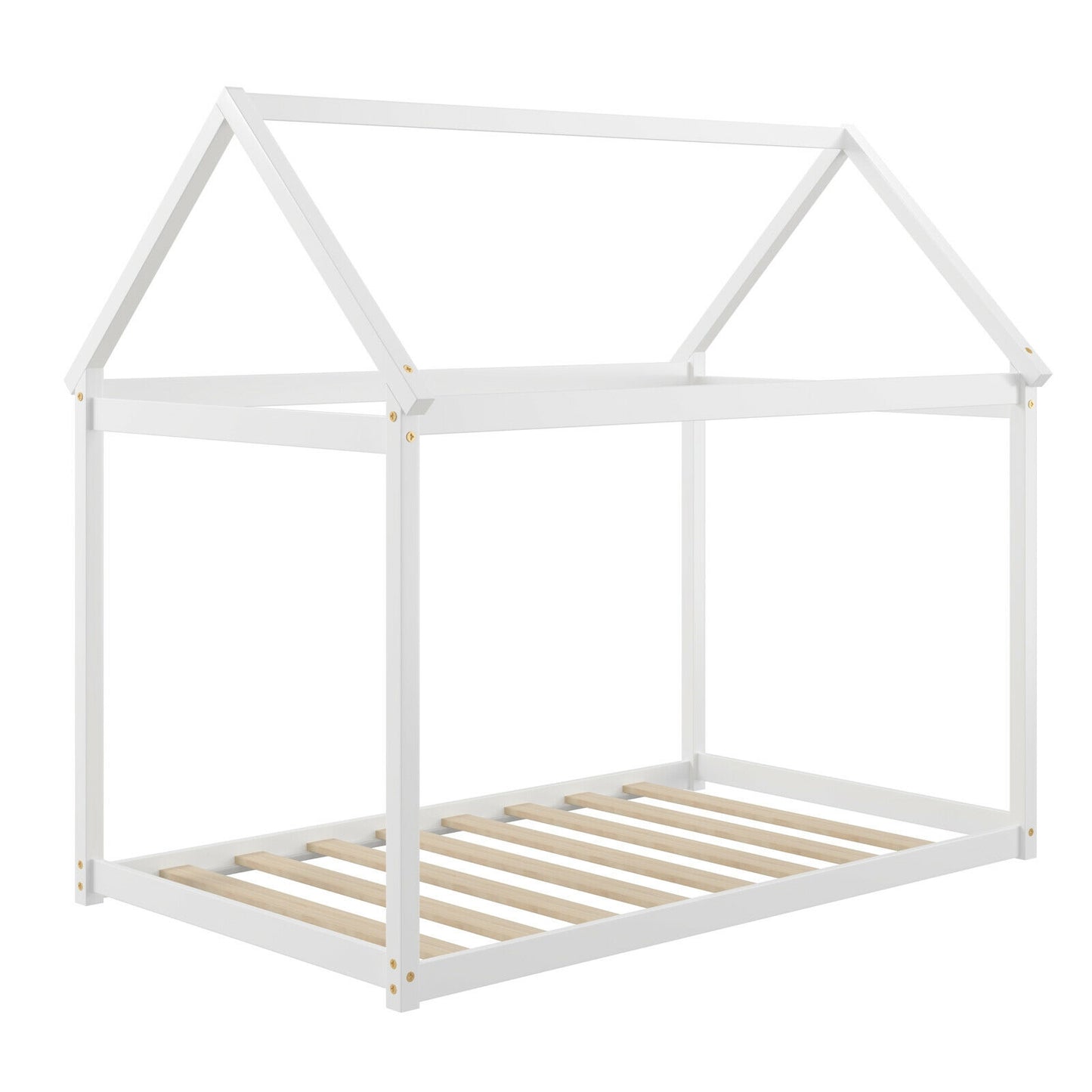 SPECIAL - Twin Size Kids Platform Floor Bed with Roof ang Heavy-Duty Slats-White (1 Box, Unassembled)