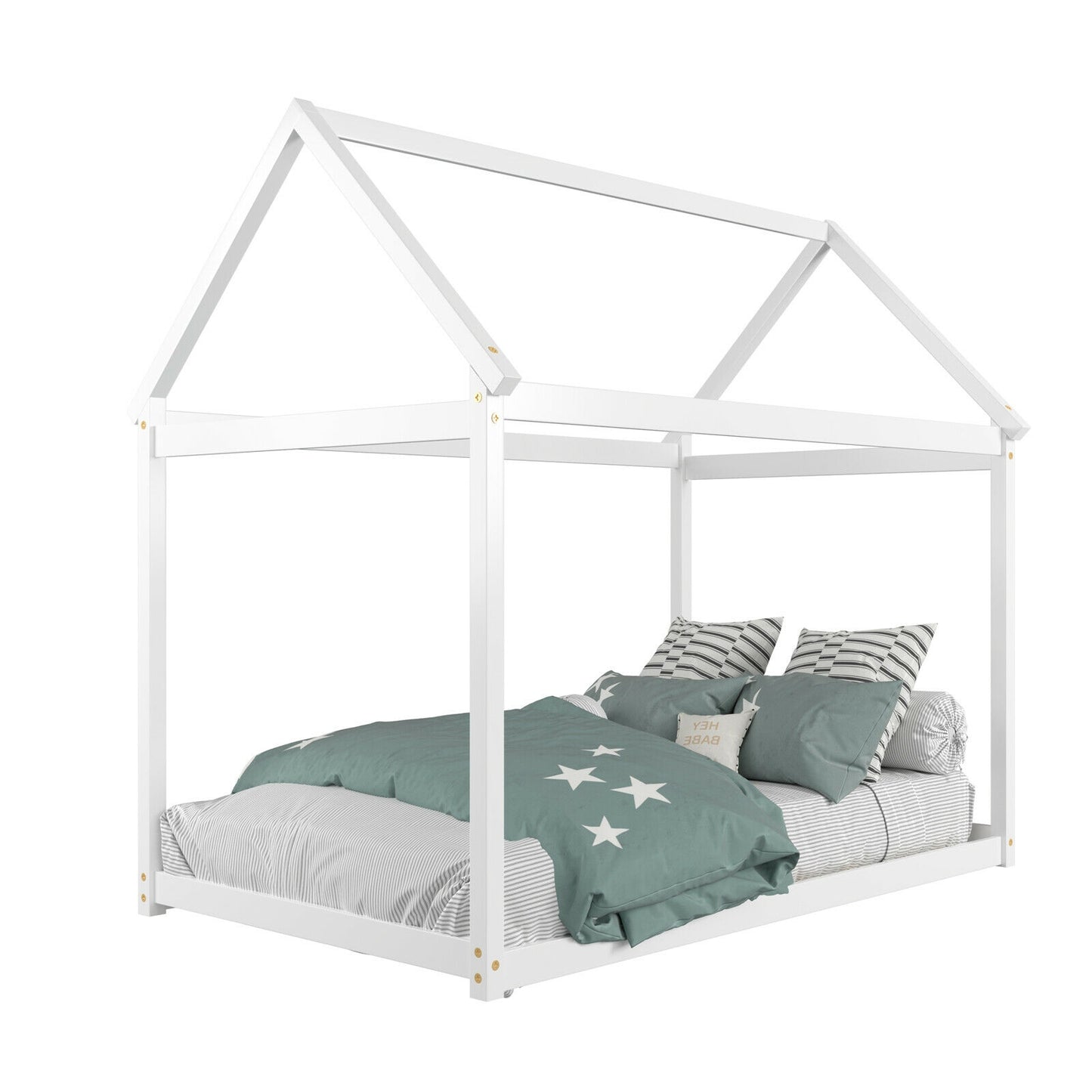 SPECIAL - Twin Size Kids Platform Floor Bed with Roof ang Heavy-Duty Slats-White (1 Box, Unassembled)