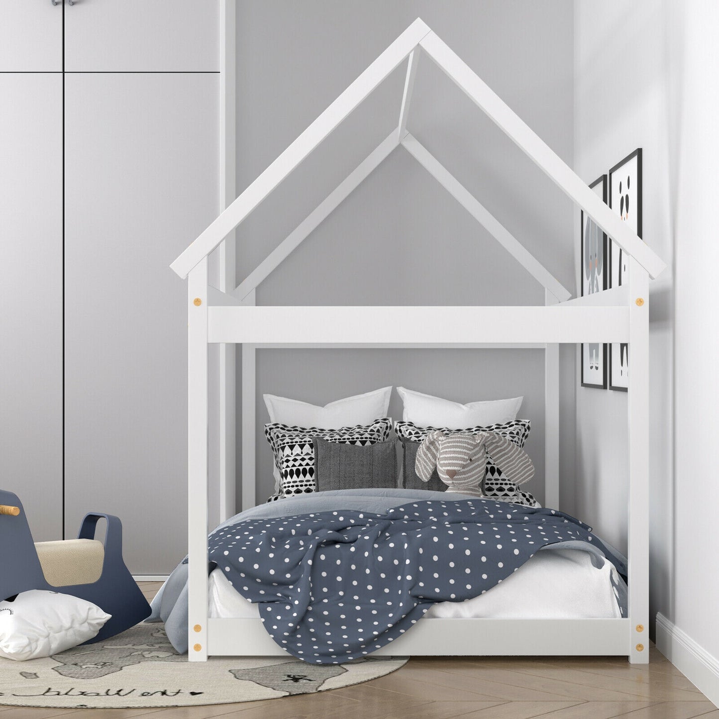 SPECIAL - Twin Size Kids Platform Floor Bed with Roof ang Heavy-Duty Slats-White (1 Box, Unassembled)