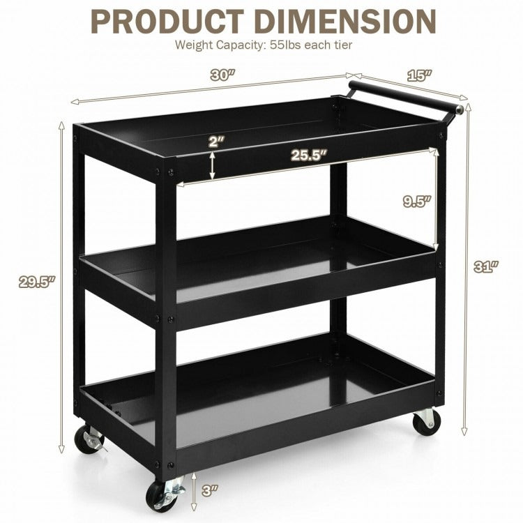 3-Tier Utility Cart Metal Mental Storage Service Trolley