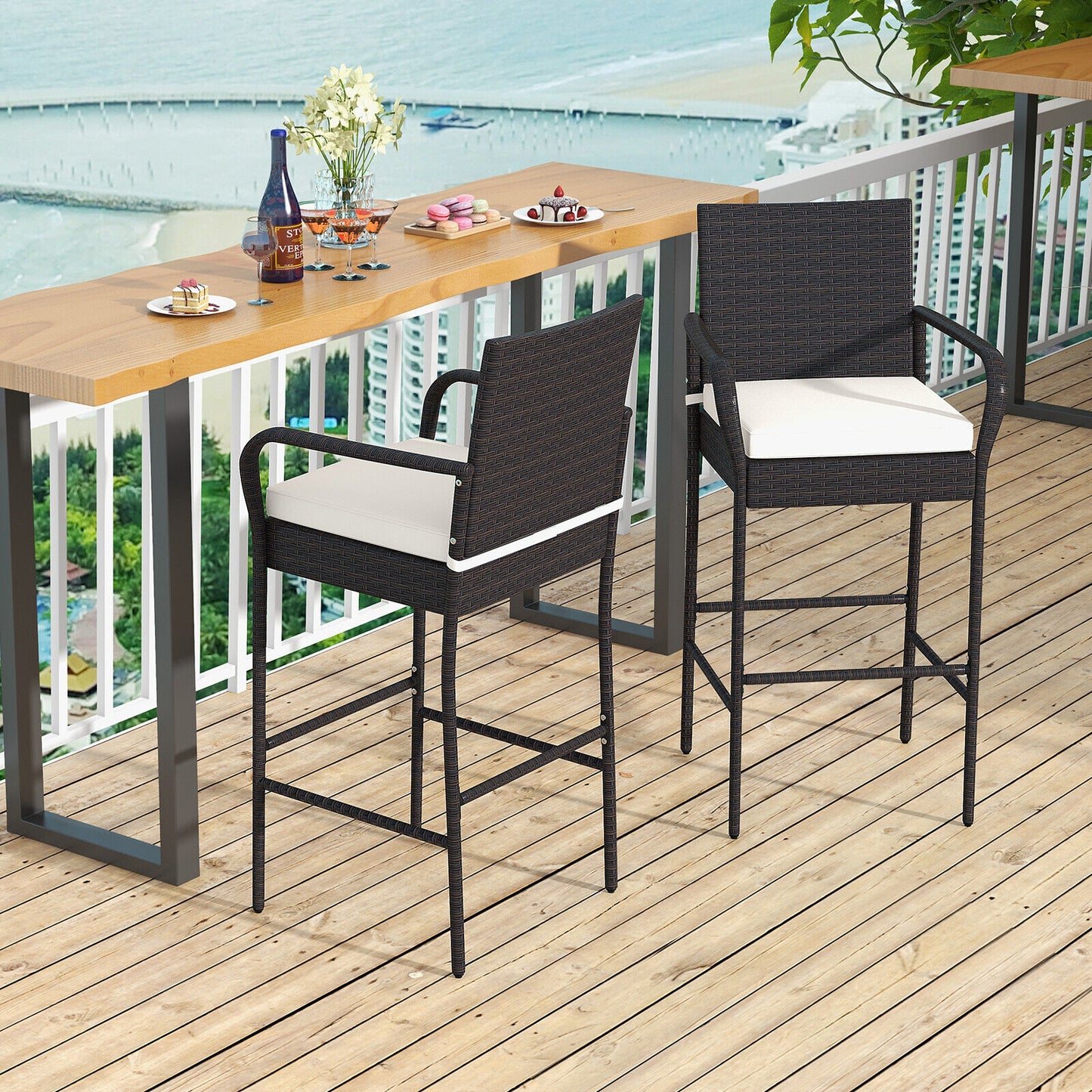2 Pieces Outdoor PE Rattan Cushioned Barstool Set with Armrests (Fully Assembled)