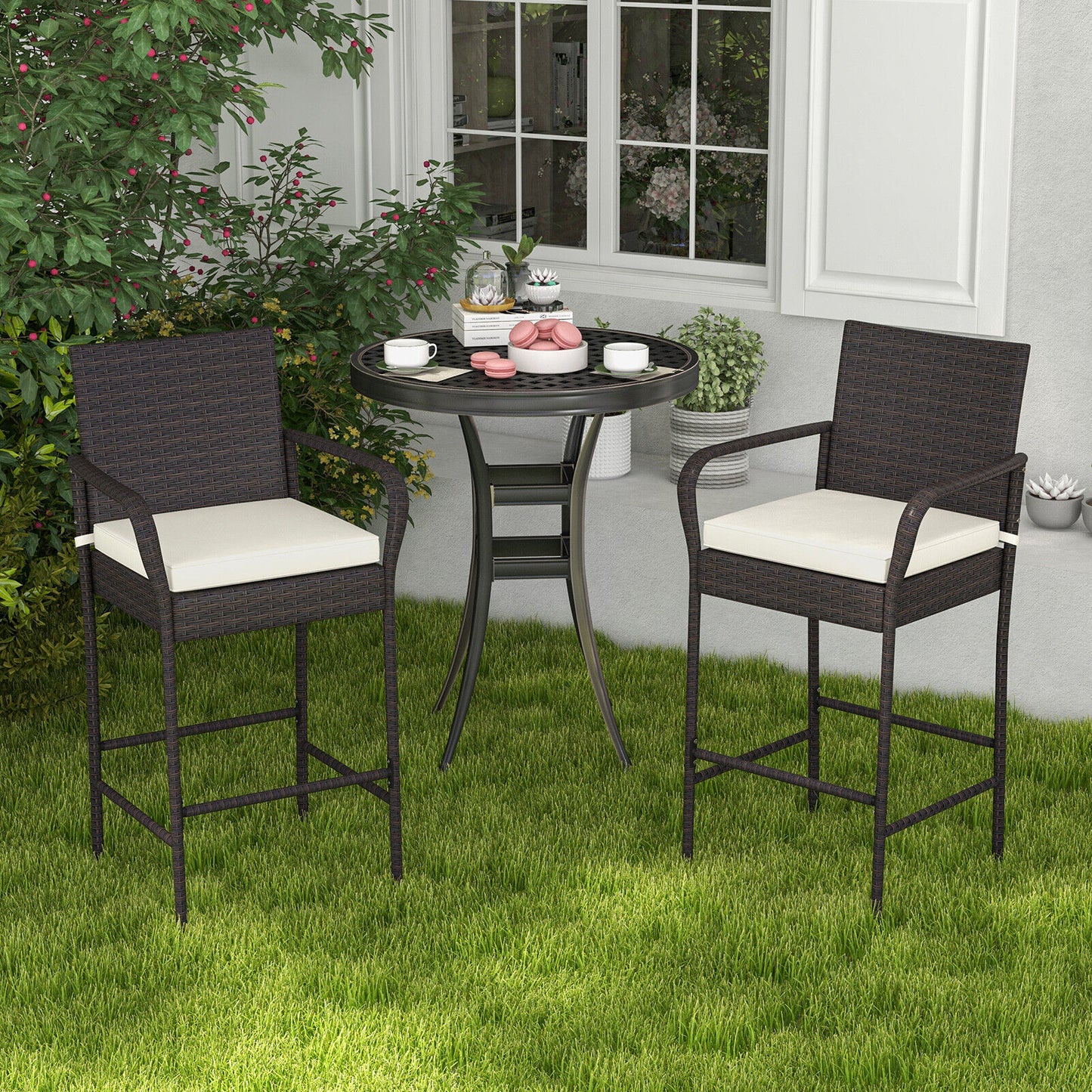 2 Pieces Outdoor PE Rattan Cushioned Barstool Set with Armrests (Fully Assembled)