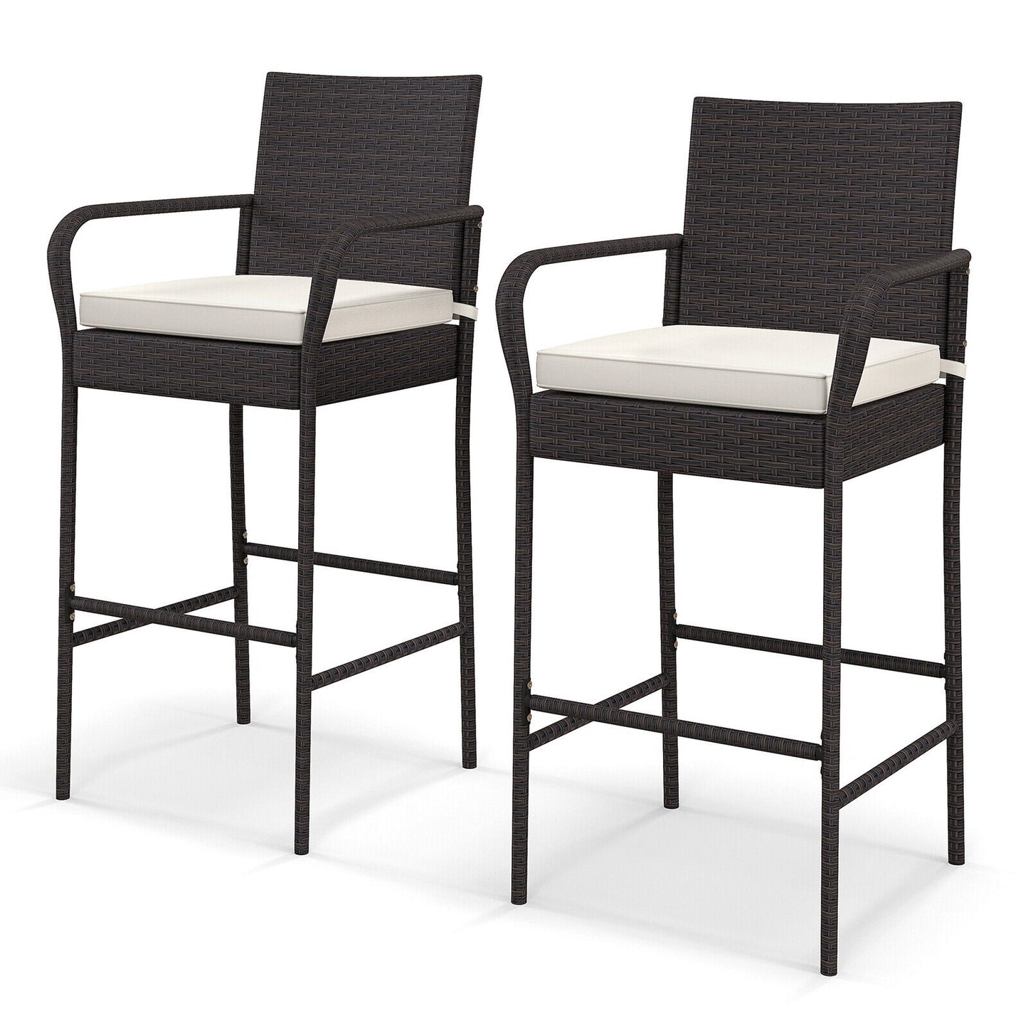 2 Pieces Outdoor PE Rattan Cushioned Barstool Set with Armrests (Fully Assembled)