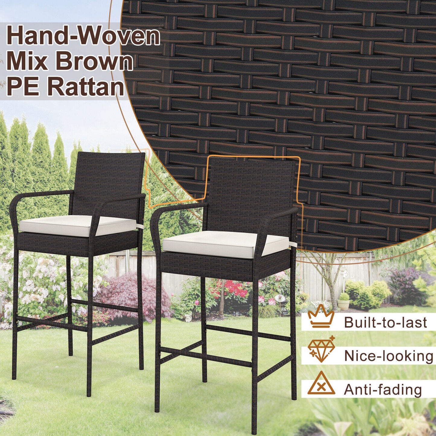 2 Pieces Outdoor PE Rattan Cushioned Barstool Set with Armrests (Fully Assembled)