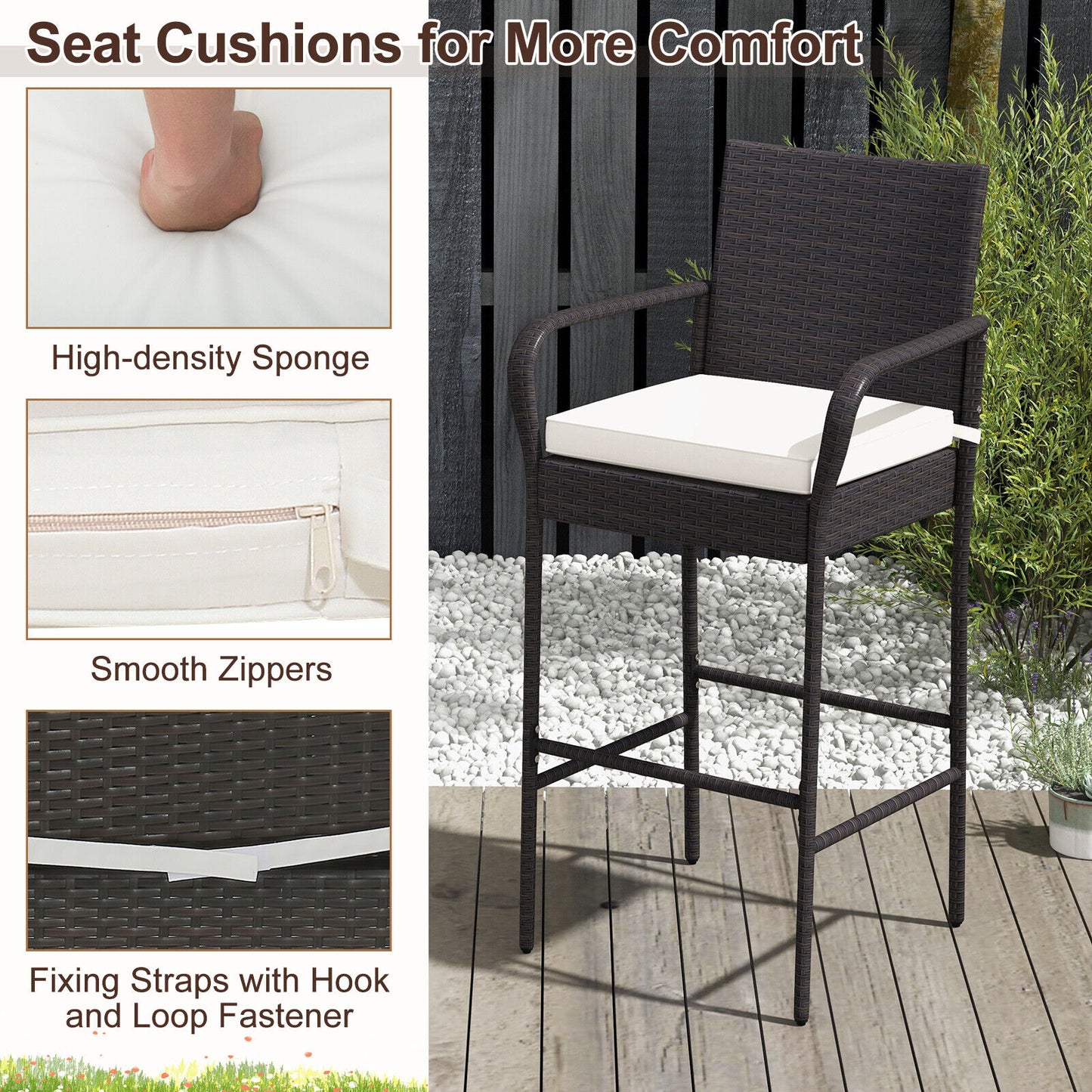 2 Pieces Outdoor PE Rattan Cushioned Barstool Set with Armrests (Fully Assembled)