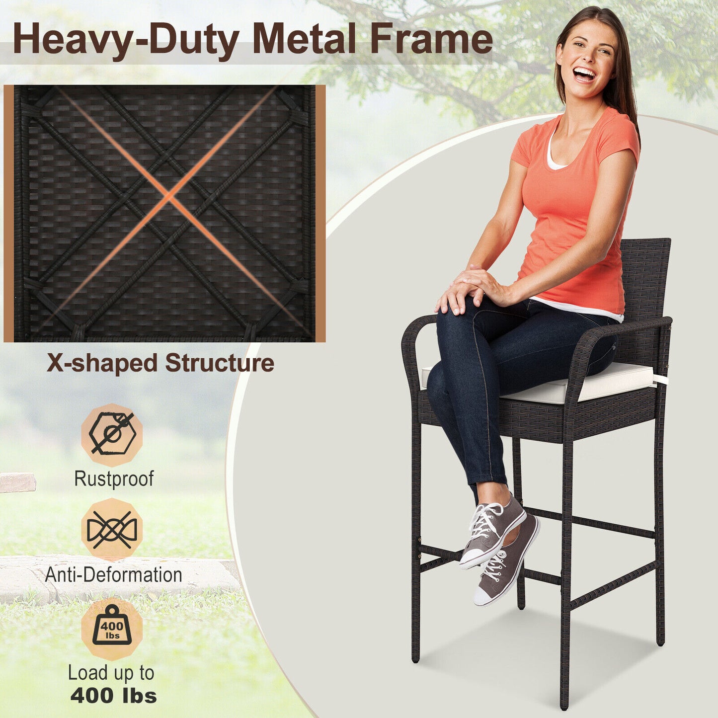 2 Pieces Outdoor PE Rattan Cushioned Barstool Set with Armrests (Fully Assembled)