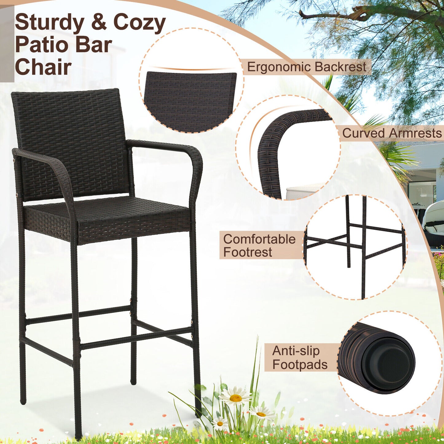 2 Pieces Outdoor PE Rattan Cushioned Barstool Set with Armrests (Fully Assembled)