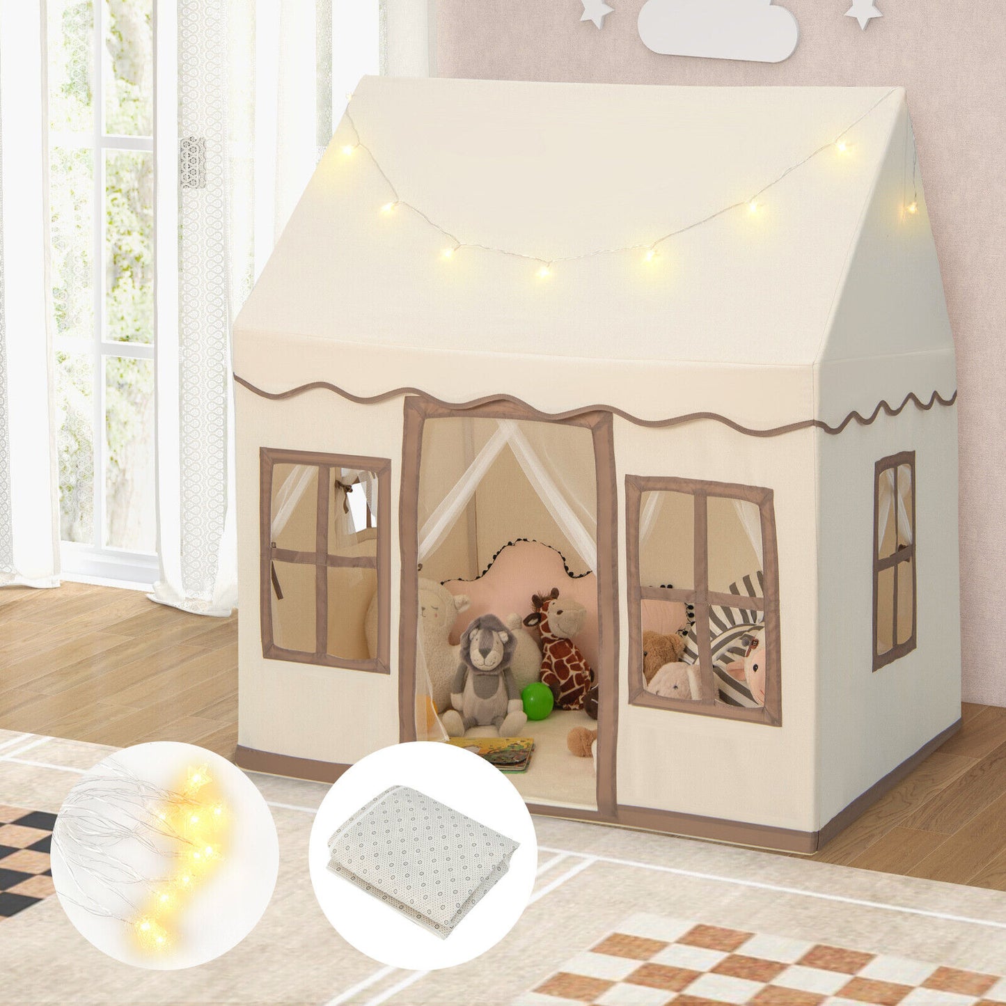 Toddler Large Playhouse with Star String Lights-Brown (1 Box - Unassembled)