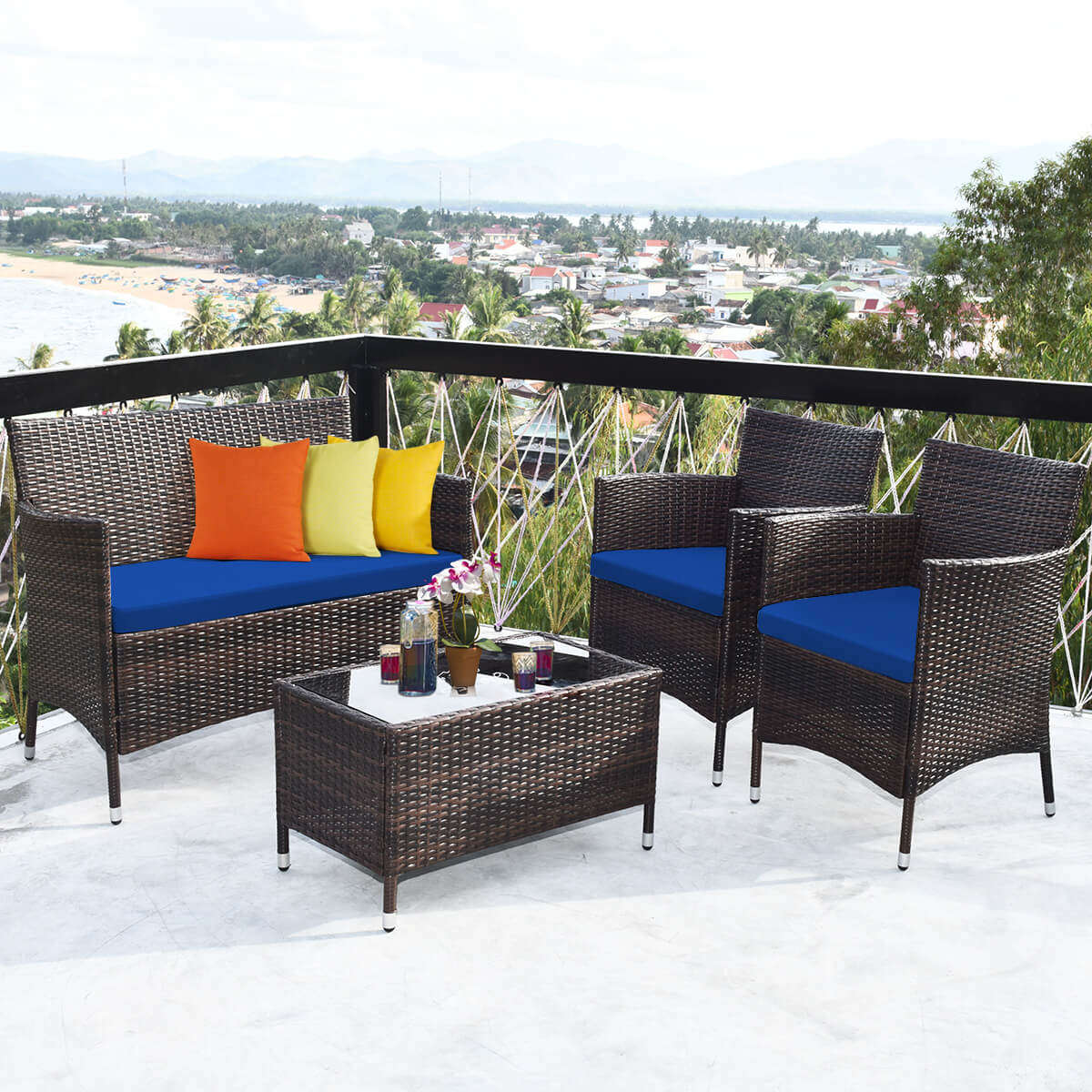 4 Pieces Rattan Sofa Set with Glass Table for Outdoor Patio-Navy (Fully Assembled)