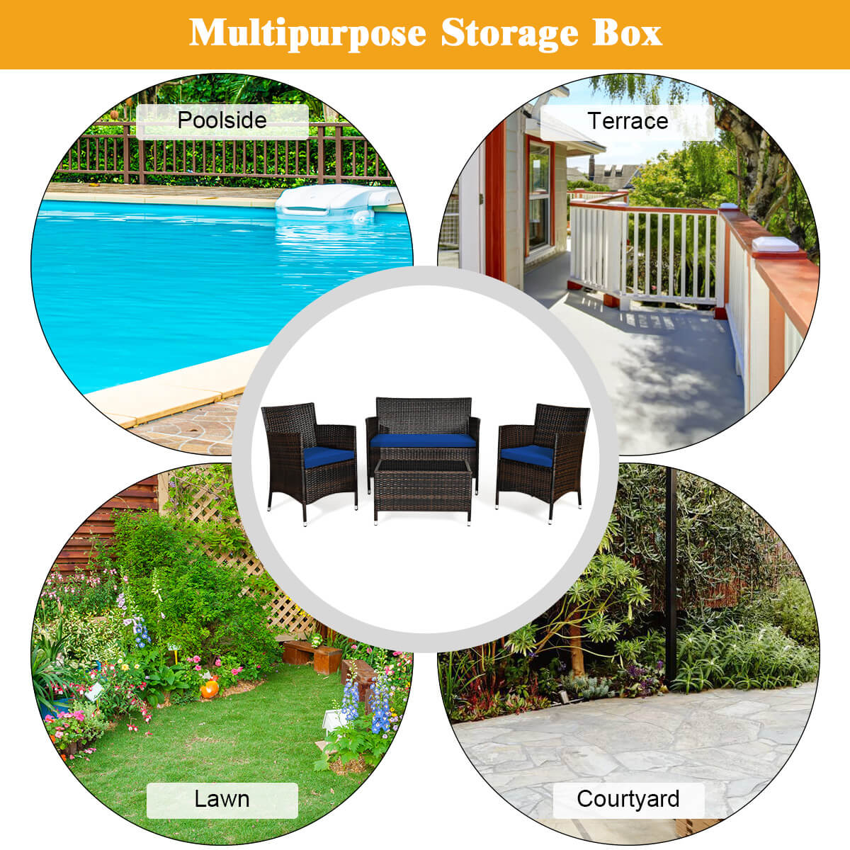 4 Pieces Rattan Sofa Set with Glass Table for Outdoor Patio-Navy (Fully Assembled)