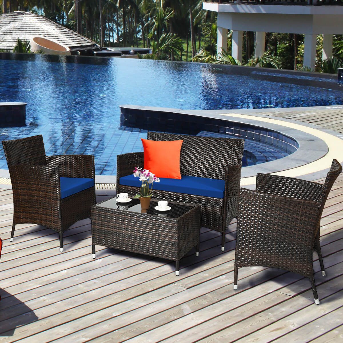 4 Pieces Rattan Sofa Set with Glass Table for Outdoor Patio-Navy (Fully Assembled)