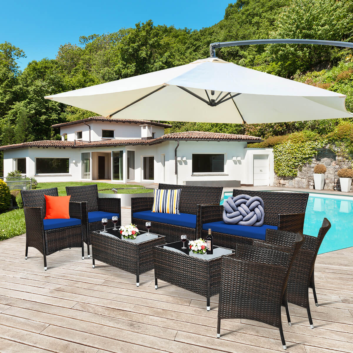 4 Pieces Rattan Sofa Set with Glass Table for Outdoor Patio-Navy (Fully Assembled)